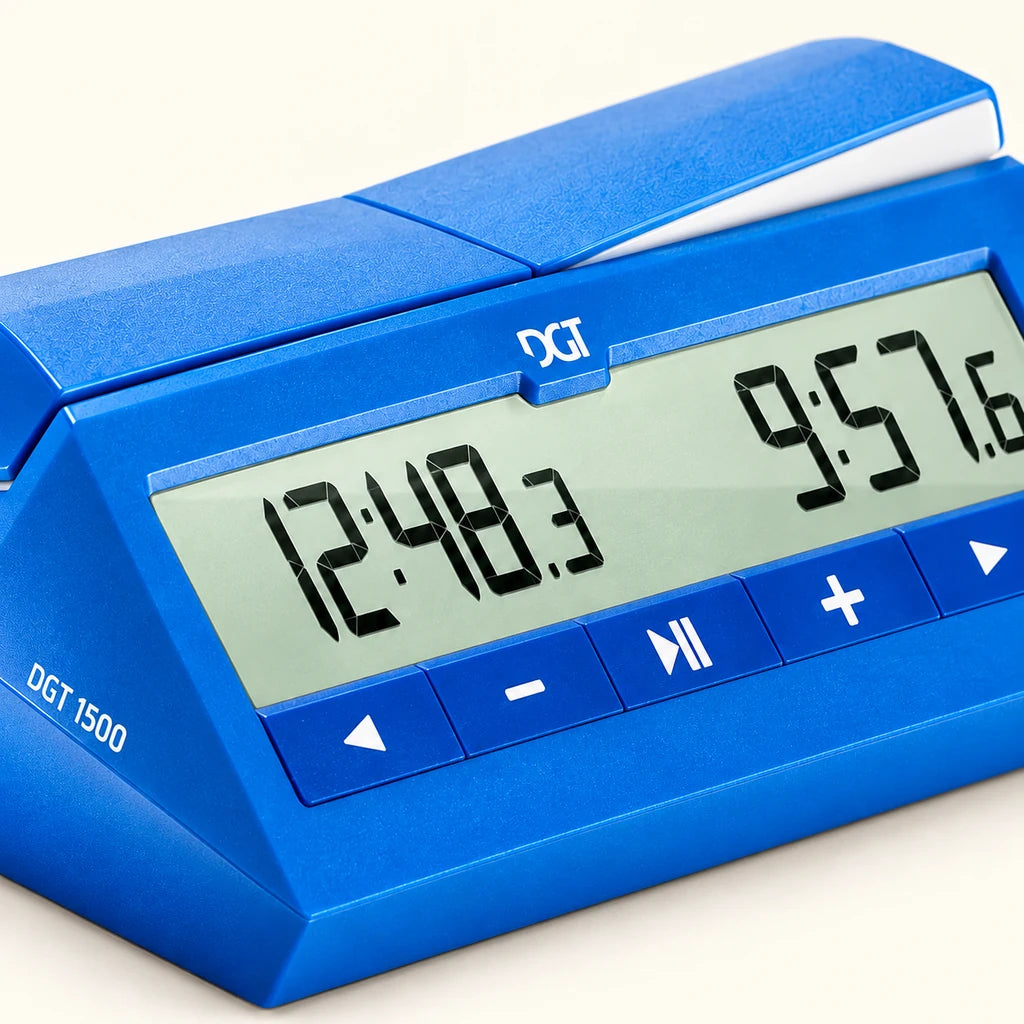 Pendule d’échecs numérique DGT 1500 bleue — écran et boutons