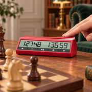Pendule d’échecs numérique DGT 2500 — main qui appuie sur la pendule