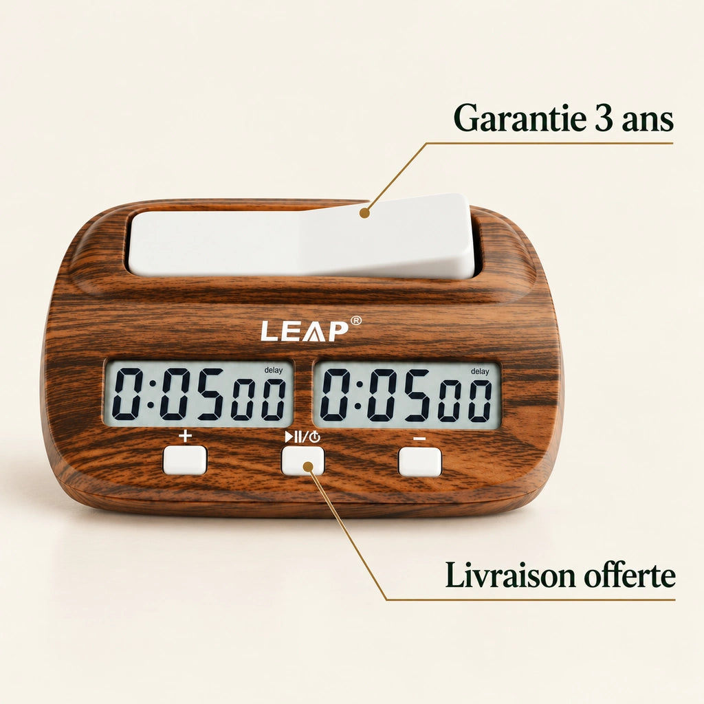 Pendule d’échecs numérique effet bois — points clés