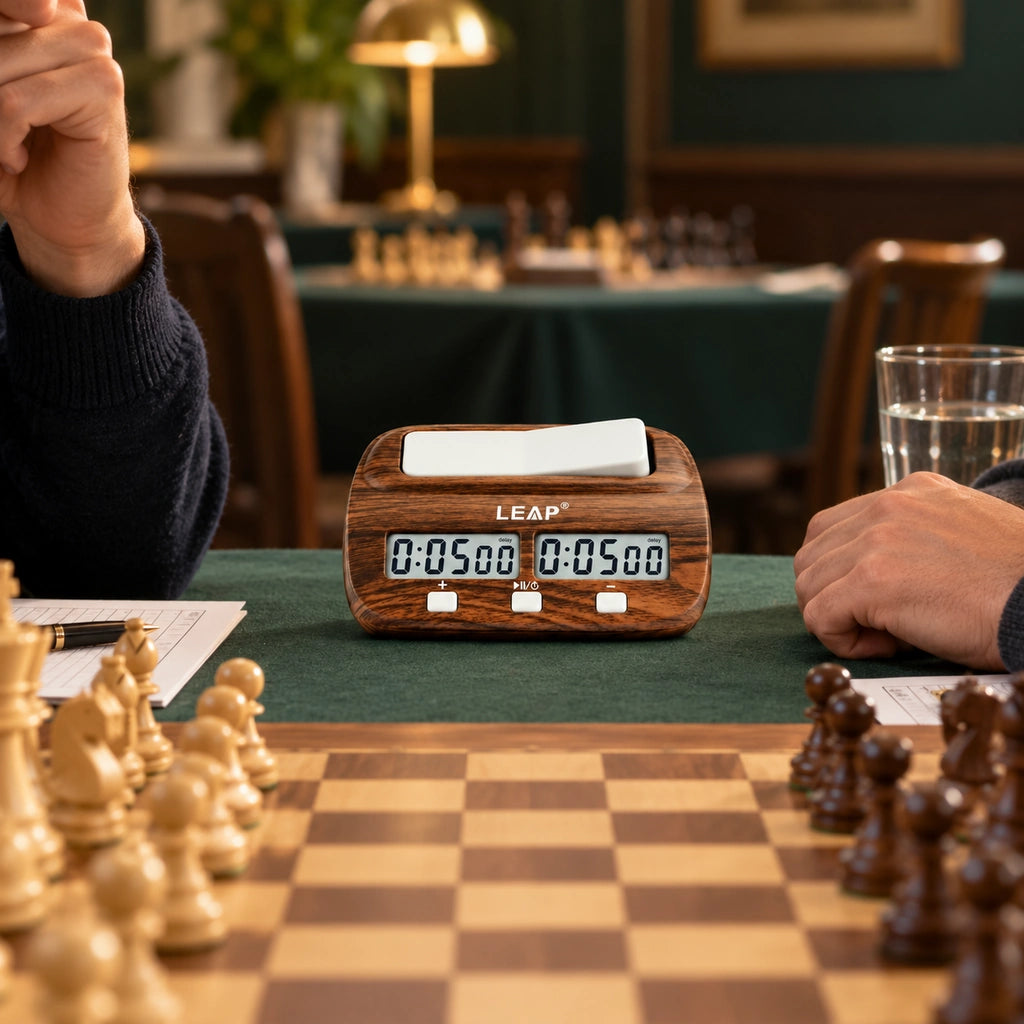 Pendule d’échecs numérique effet bois — en tournoi