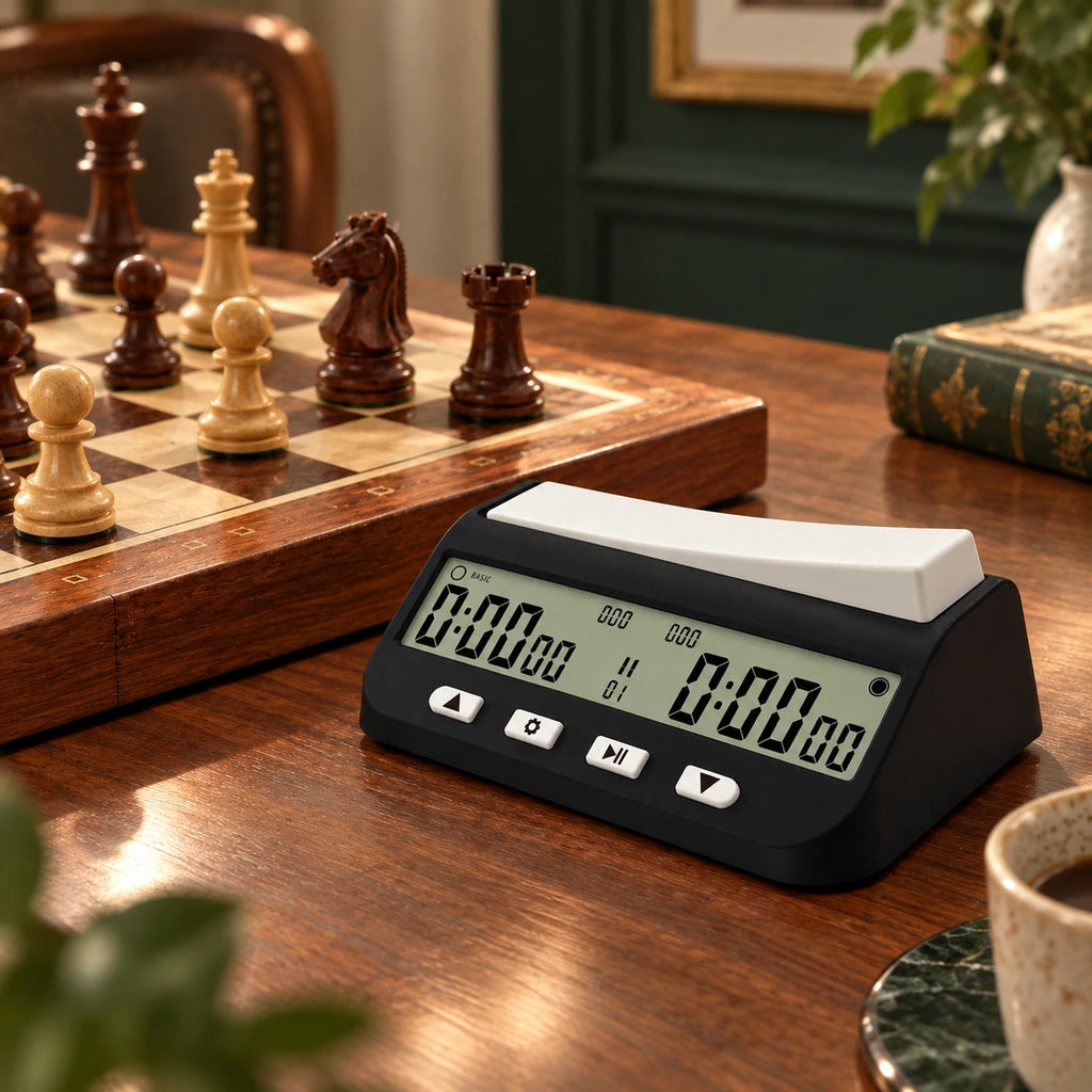 Pendule d’échecs numérique noire à écran LCD — mis en scène