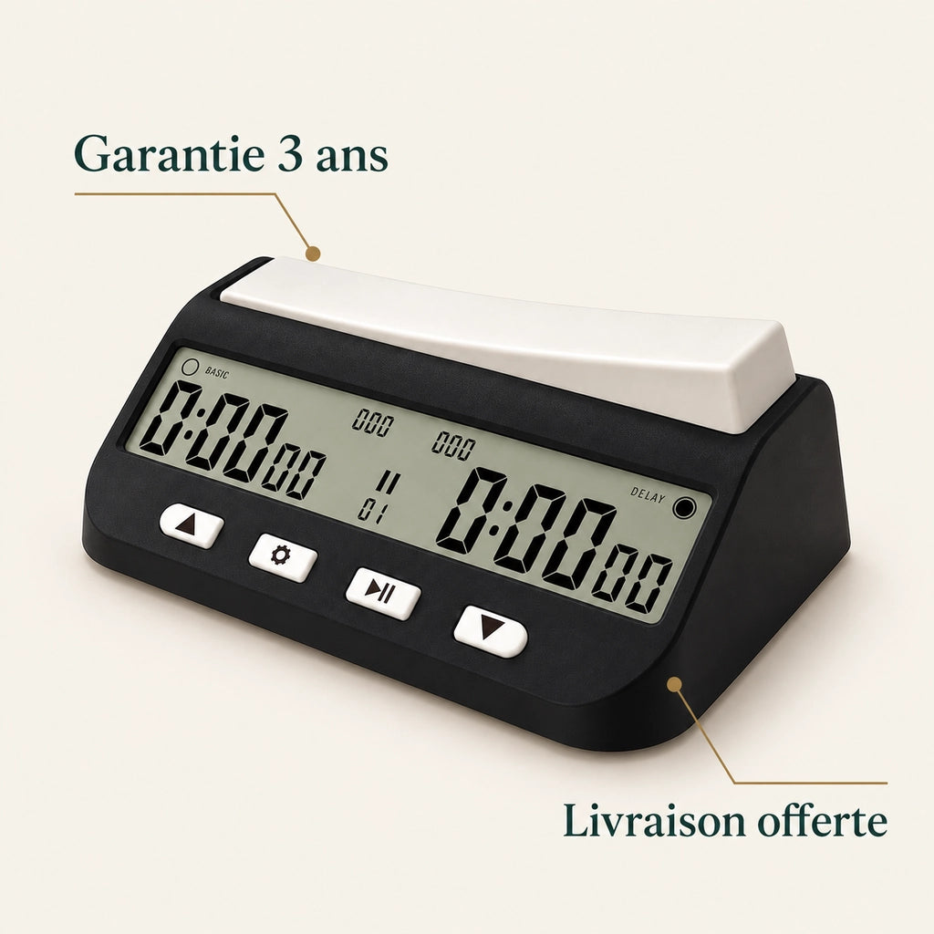 Pendule d’échecs numérique noire à écran LCD — points clés