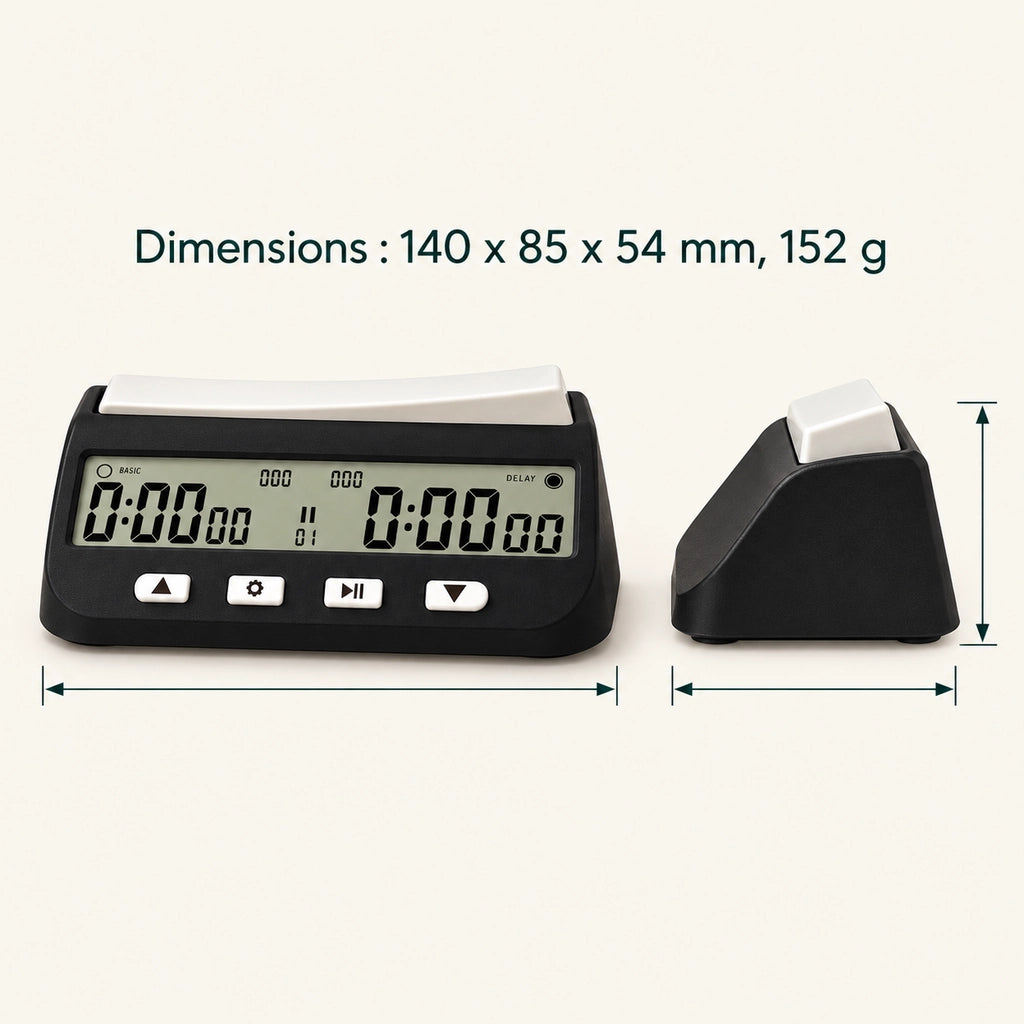 Pendule d’échecs numérique noire à écran LCD — dimensions