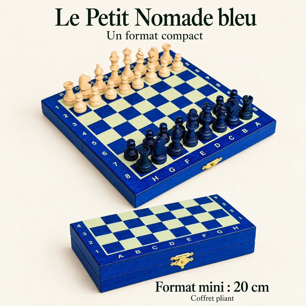 Le Petit Nomade bleu — format compact 20 cm et coffret pliant