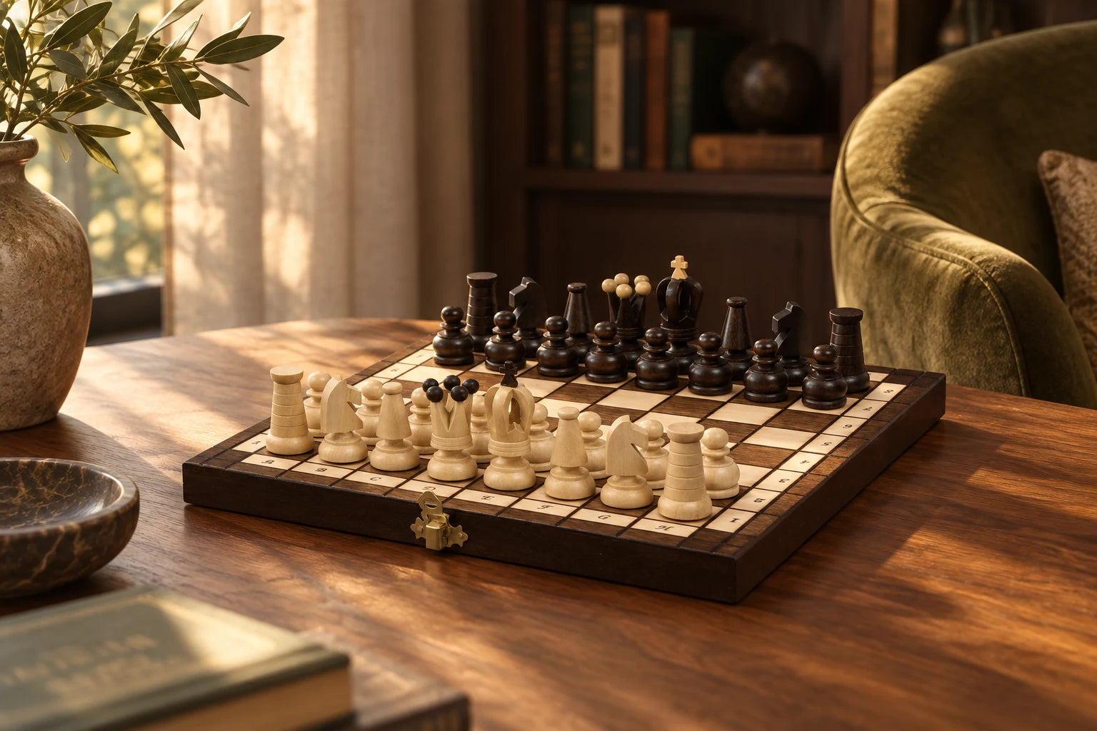 Jeu Royal Mini sur une table en bois, dans un salon à la lumière de fin de journée