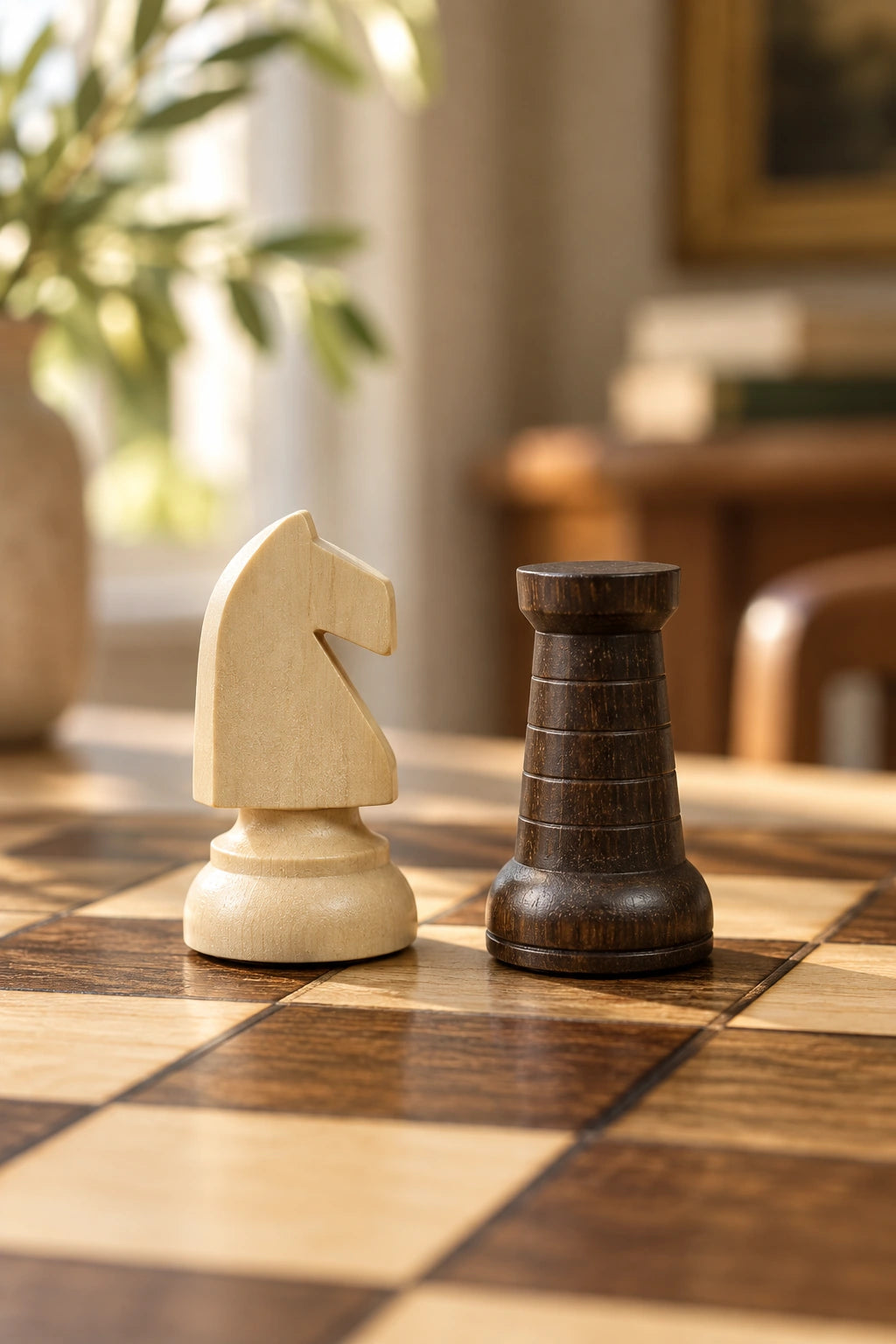 Gros plan sur le cavalier clair et la tour sombre du jeu Royal Mini