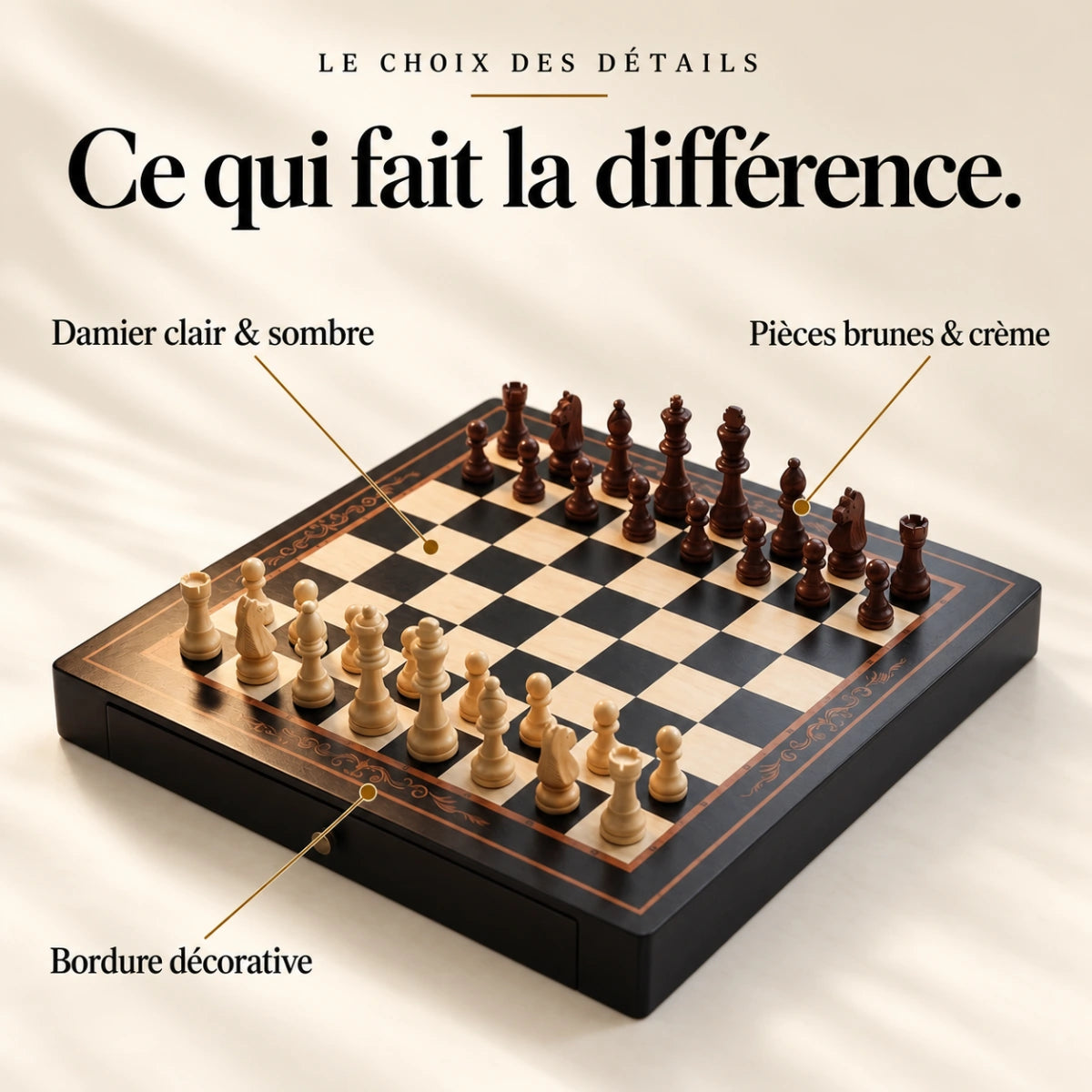 Ce qui fait la différence : Damier clair & sombre, Pièces brunes & crème, Bordure décorative.