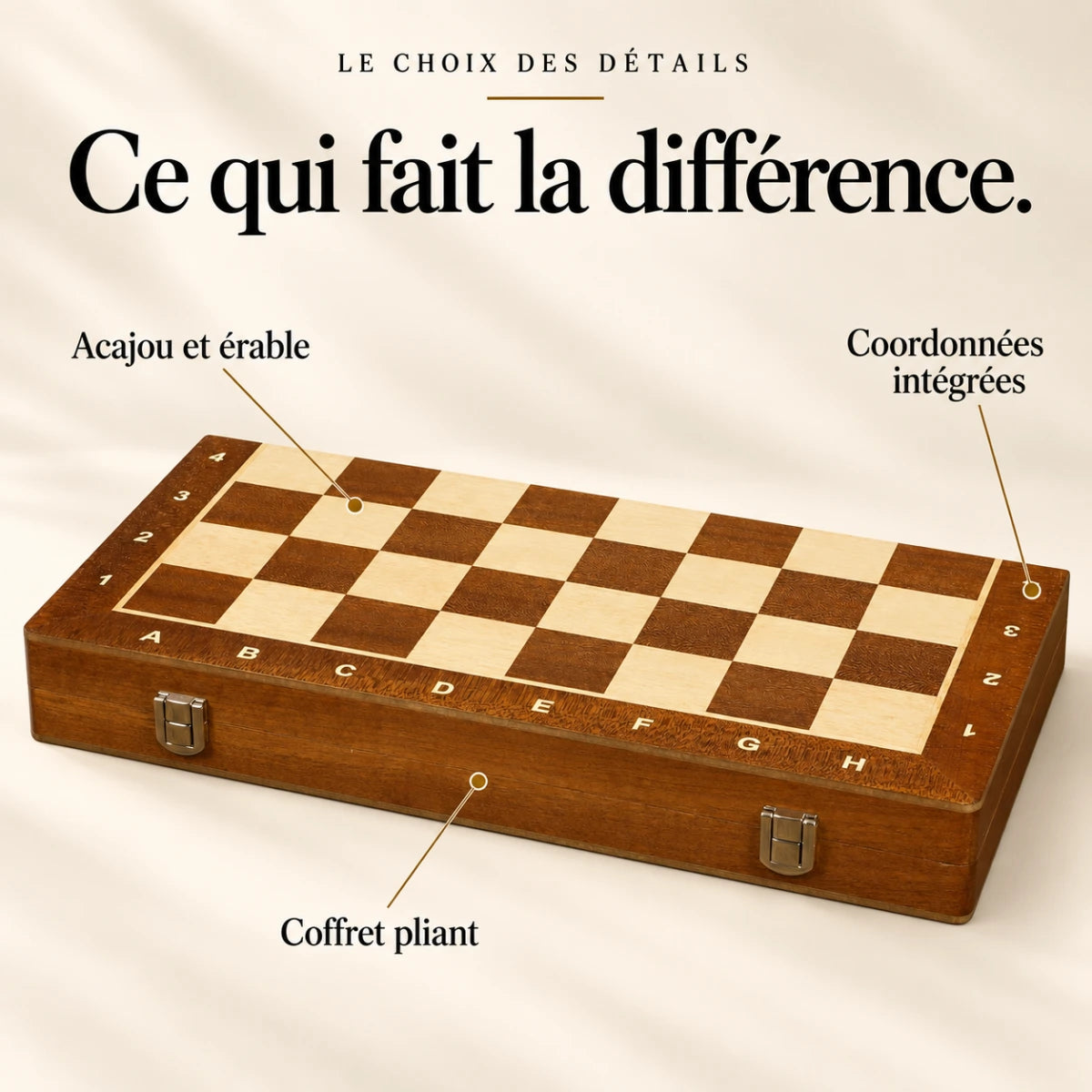 Ce qui fait la différence : Acajou et érable, Coffret pliant, Coordonnées intégrées.
