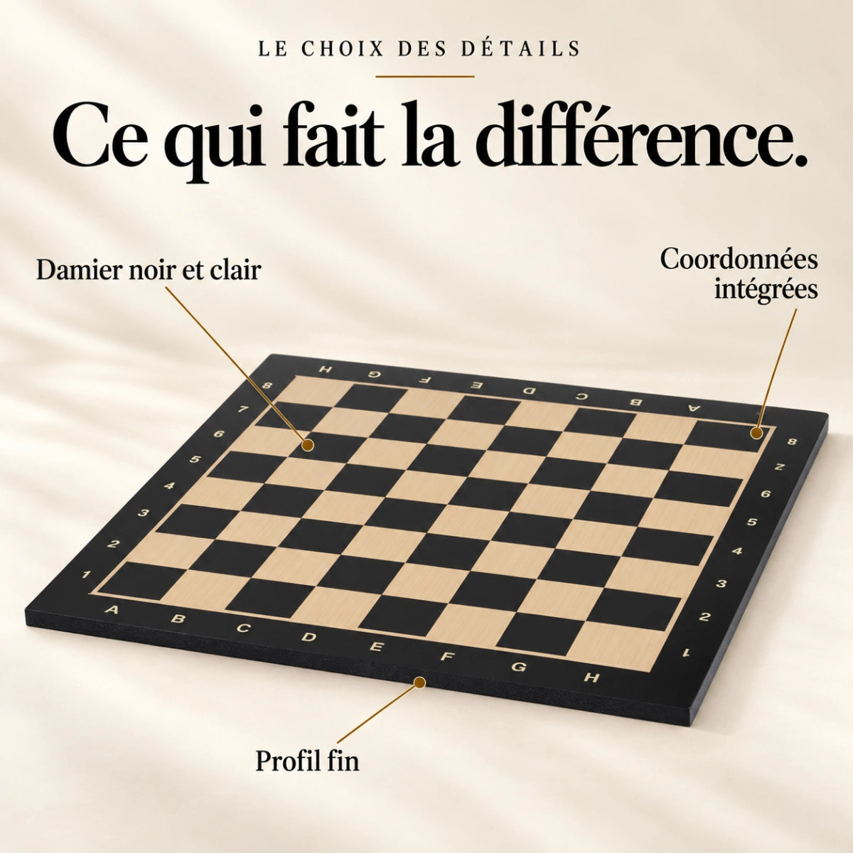 Ce qui fait la différence : Damier noir et clair, Coordonnées intégrées, Profil fin.