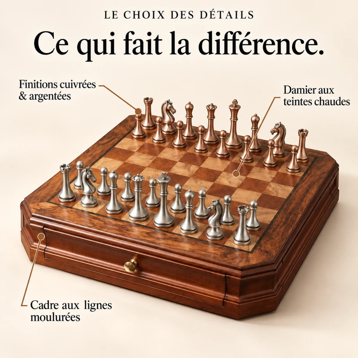 Ce qui fait la différence : Finitions cuivrées & argentées, Damier aux teintes chaudes, Cadre aux lignes moulurées.