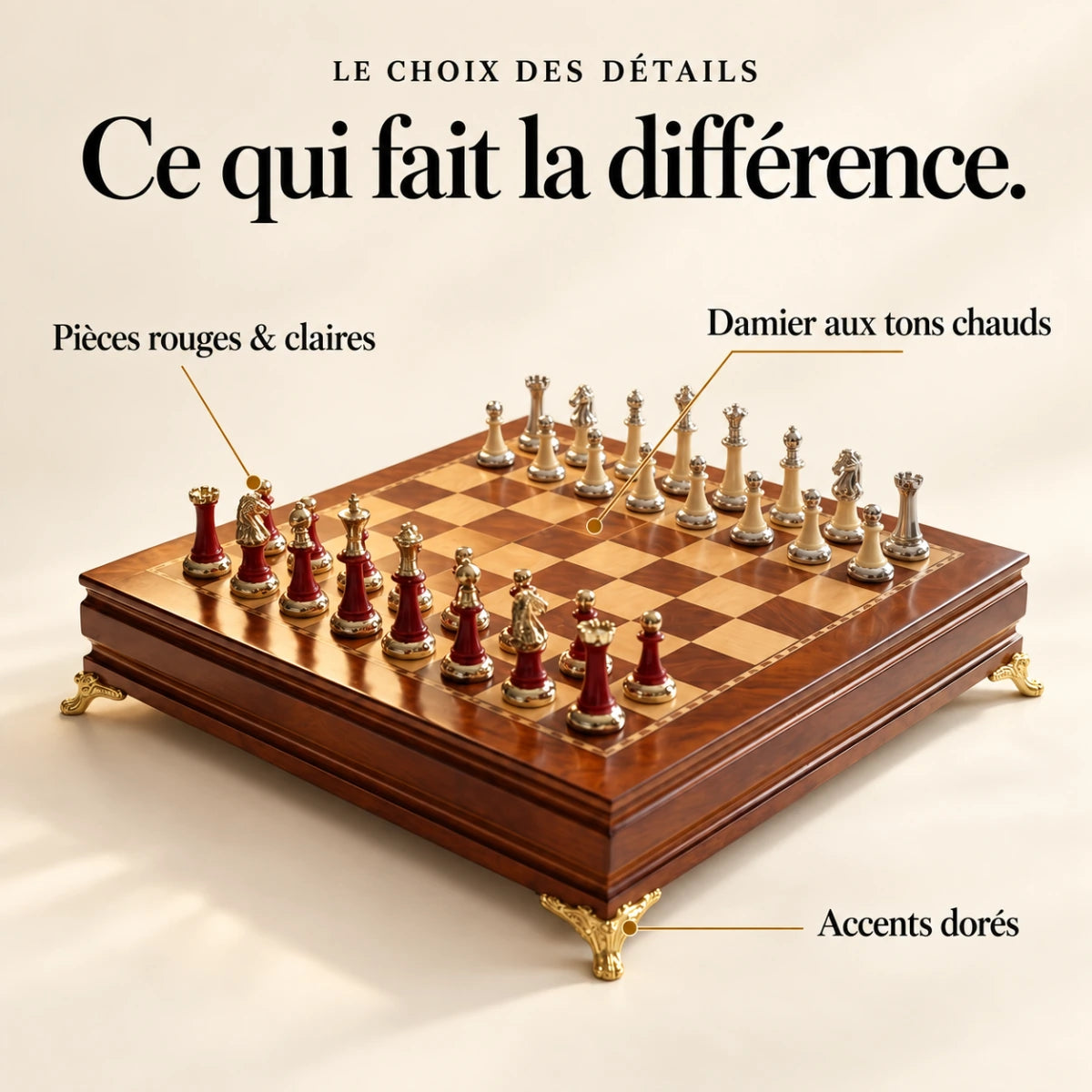 Ce qui fait la différence : Pièces rouges & claires, Accents dorés, Damier aux tons chauds.