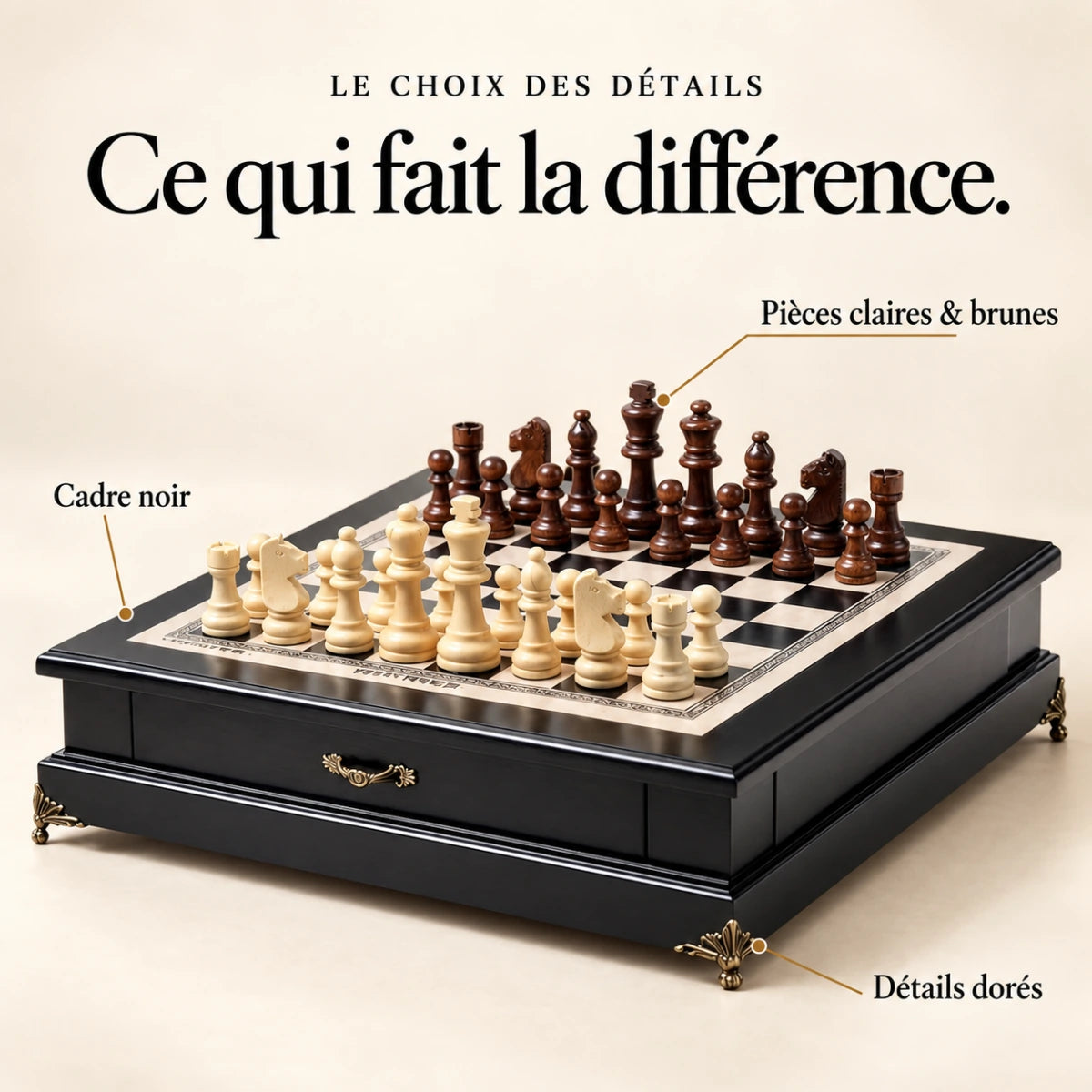 Ce qui fait la différence : Cadre noir, Pièces claires & brunes, Détails dorés.
