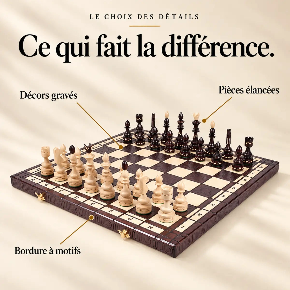 Ce qui fait la différence : Décors gravés, Pièces élancées, Bordure à motifs.