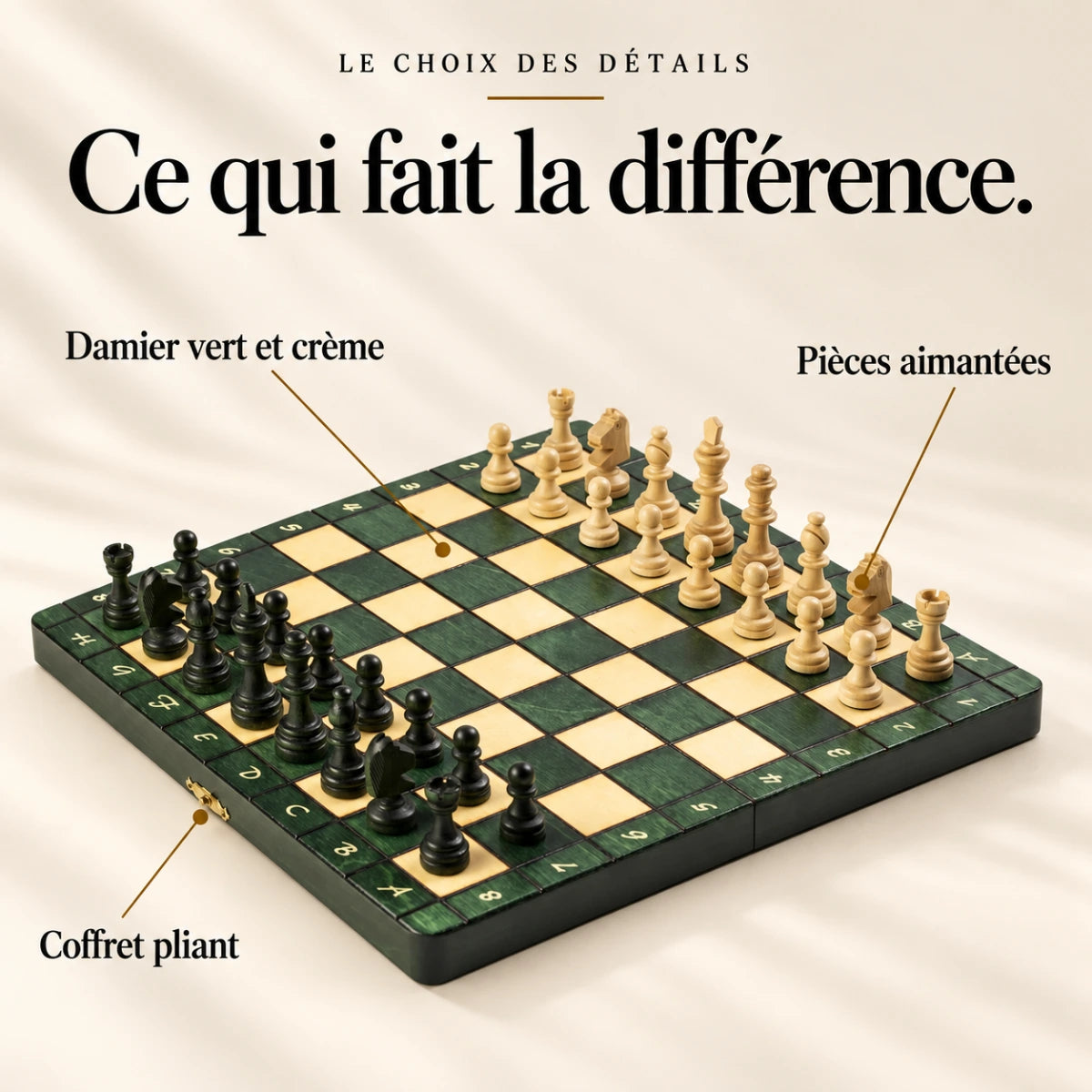 Ce qui fait la différence : Damier vert et crème, Pièces aimantées, Coffret pliant.