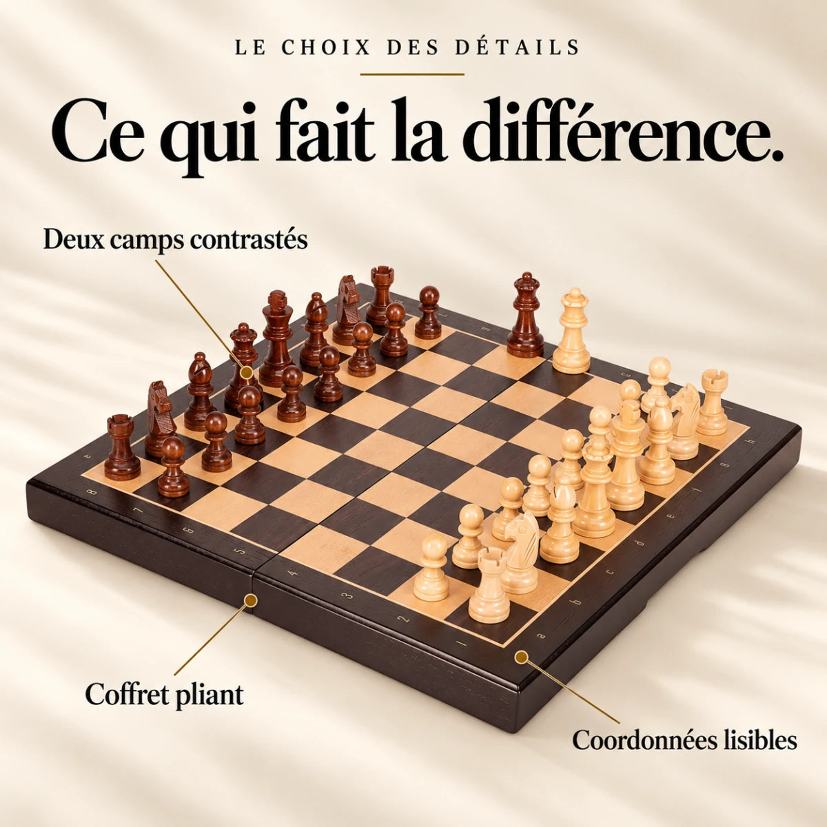 Ce qui fait la différence : Deux camps contrastés, Coordonnées lisibles, Coffret pliant.