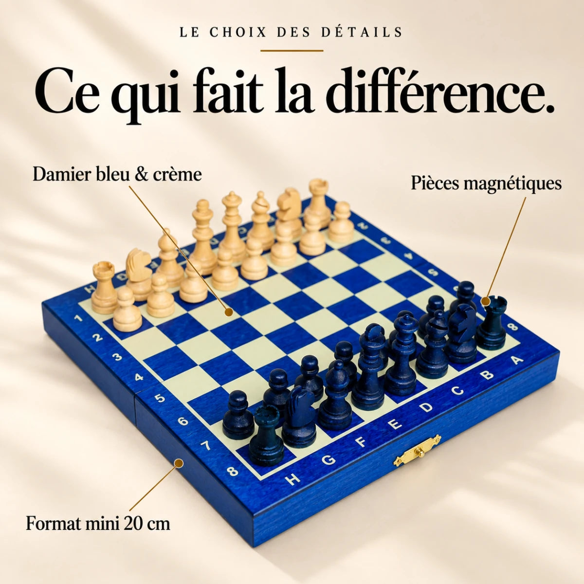 Ce qui fait la différence : Damier bleu & crème, Pièces magnétiques, Format mini 20 cm.
