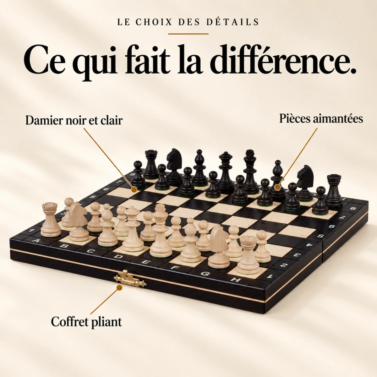 Ce qui fait la différence : Pièces aimantées, Damier noir et clair, Coffret pliant.