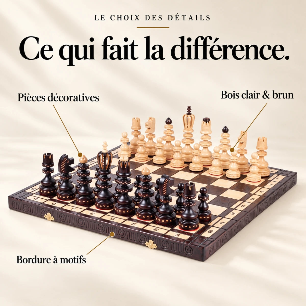 Ce qui fait la différence : Pièces décoratives, Bois clair & brun, Bordure à motifs.