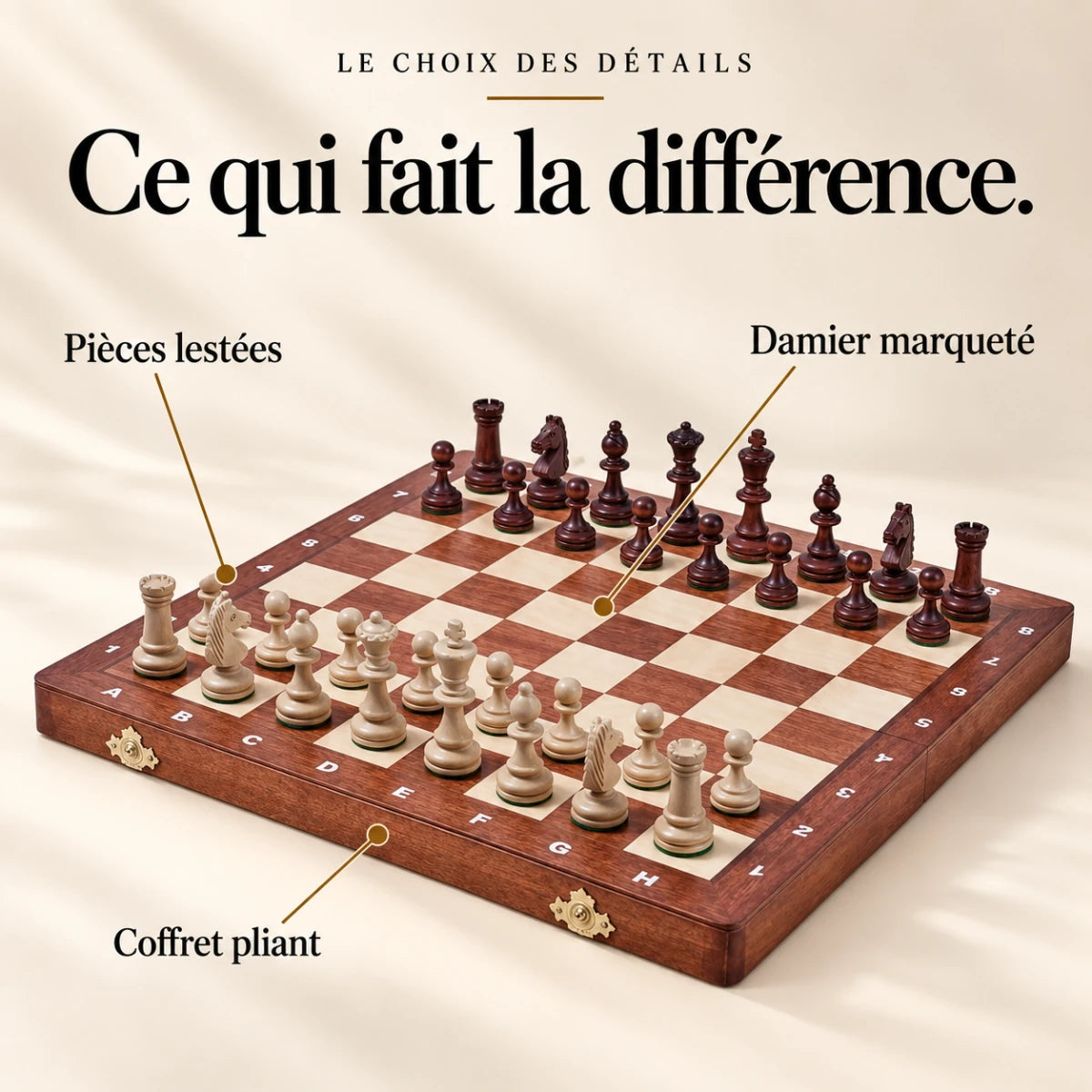 Ce qui fait la différence : Pièces lestées, Damier marqueté, Coffret pliant.