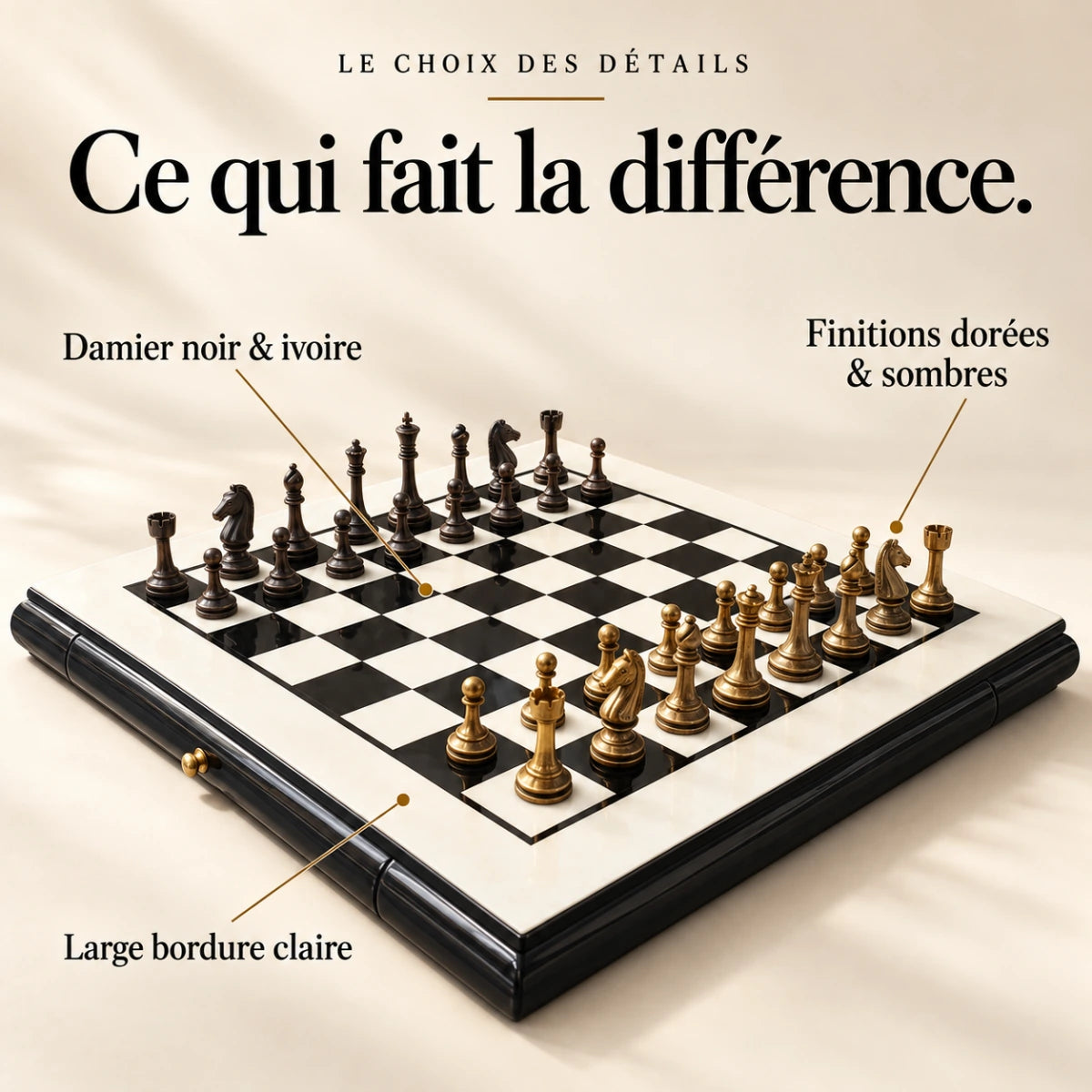 Ce qui fait la différence : Damier noir et ivoire, Large bordure claire, Finitions dorées et sombres.