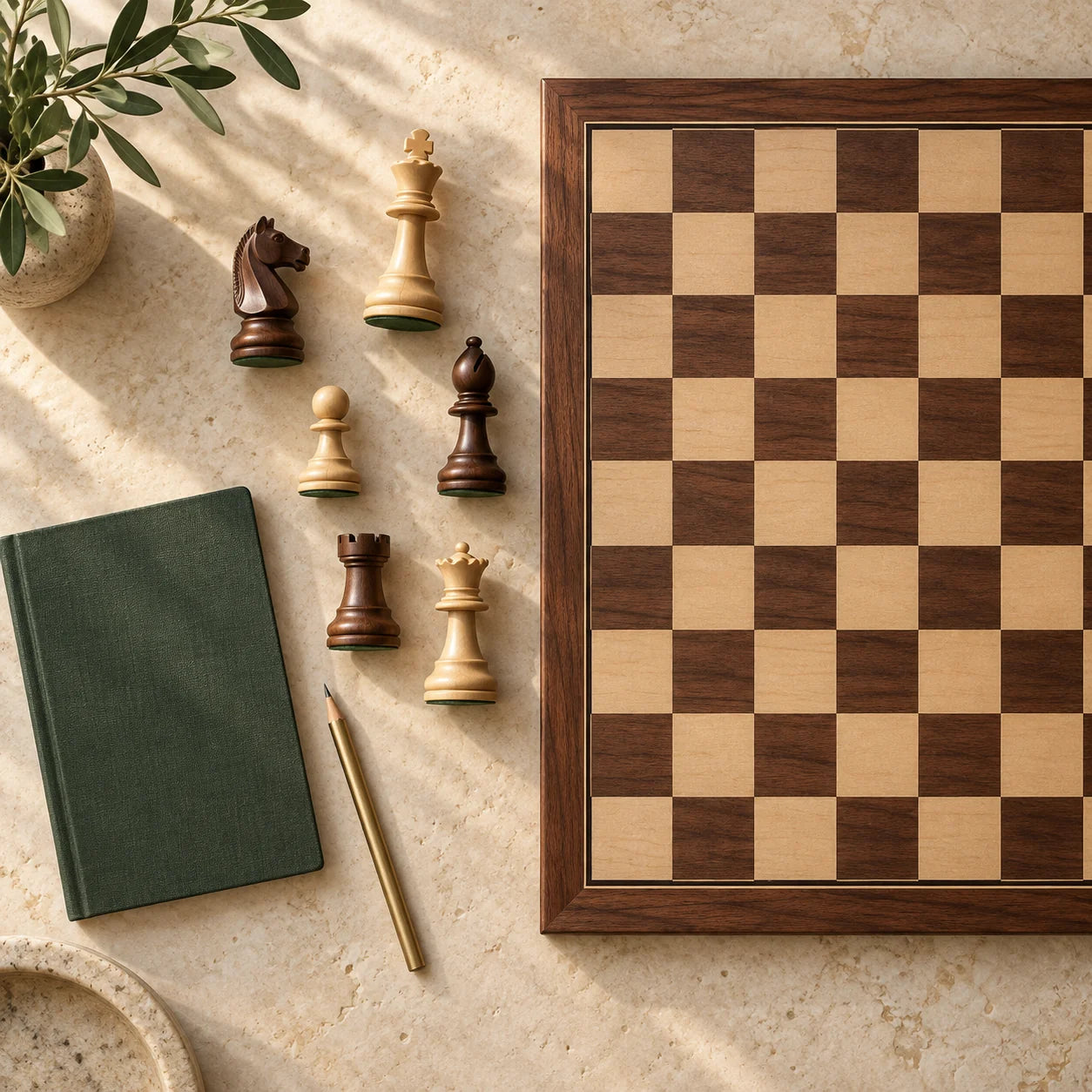 Plateau, pièces et carnet pour choisir son jeu d’échecs