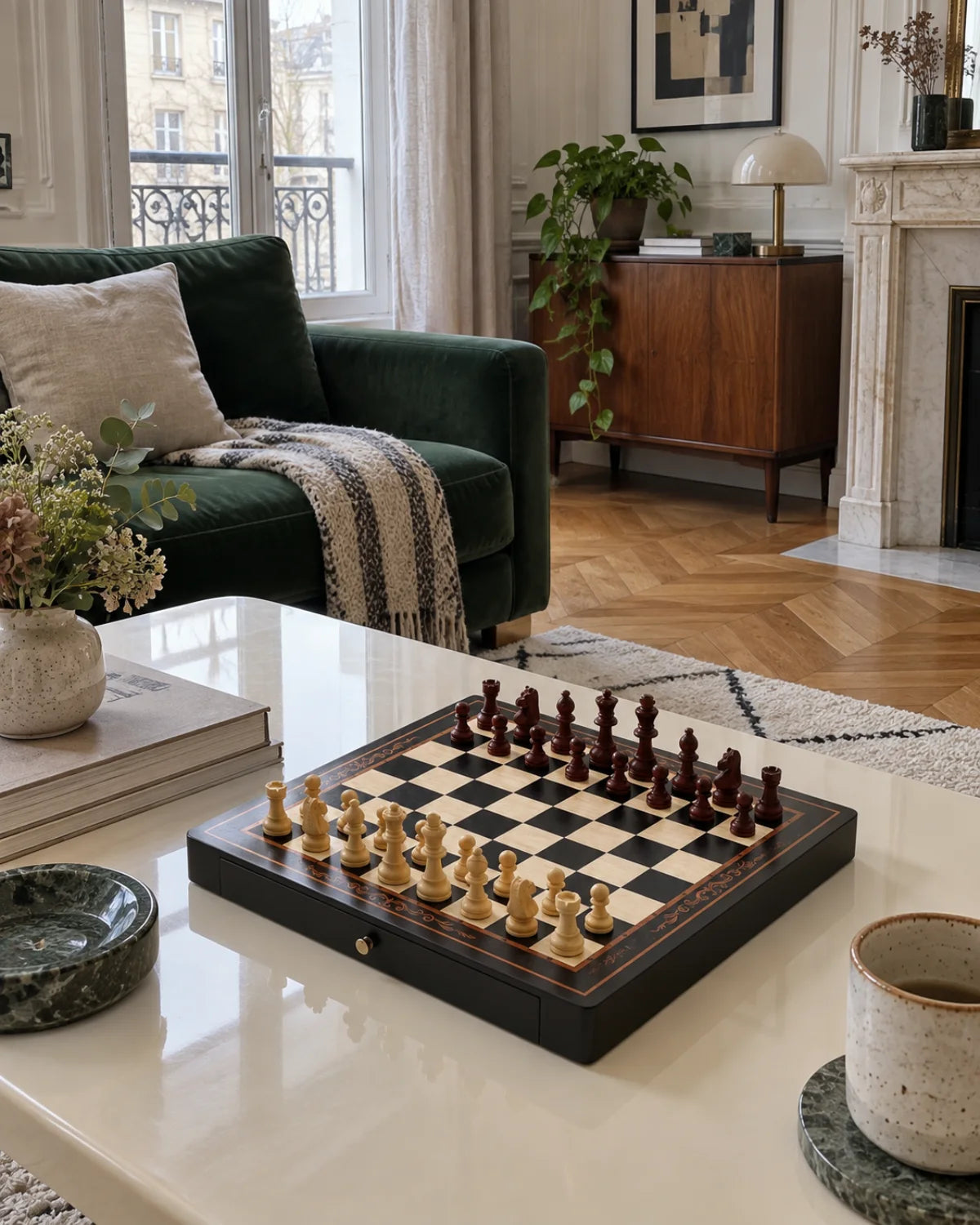 Échiquier Noir à bordure décorative dans un salon chaleureux — mise en scène décorative