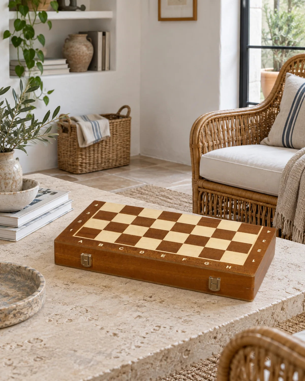Échiquier marqueté avec coffret dans un salon chaleureux — mise en scène décorative