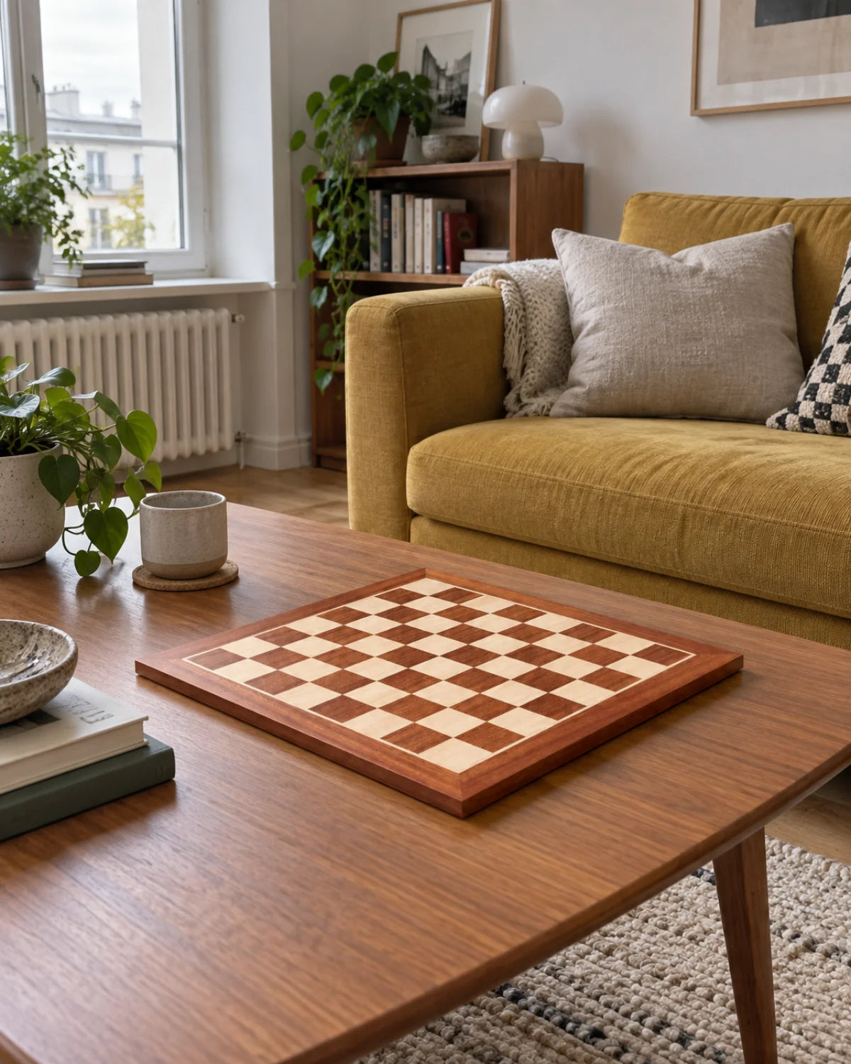 Échiquier n°4 Acajou & Sycomore — 41 cm dans un salon chaleureux — mise en scène décorative