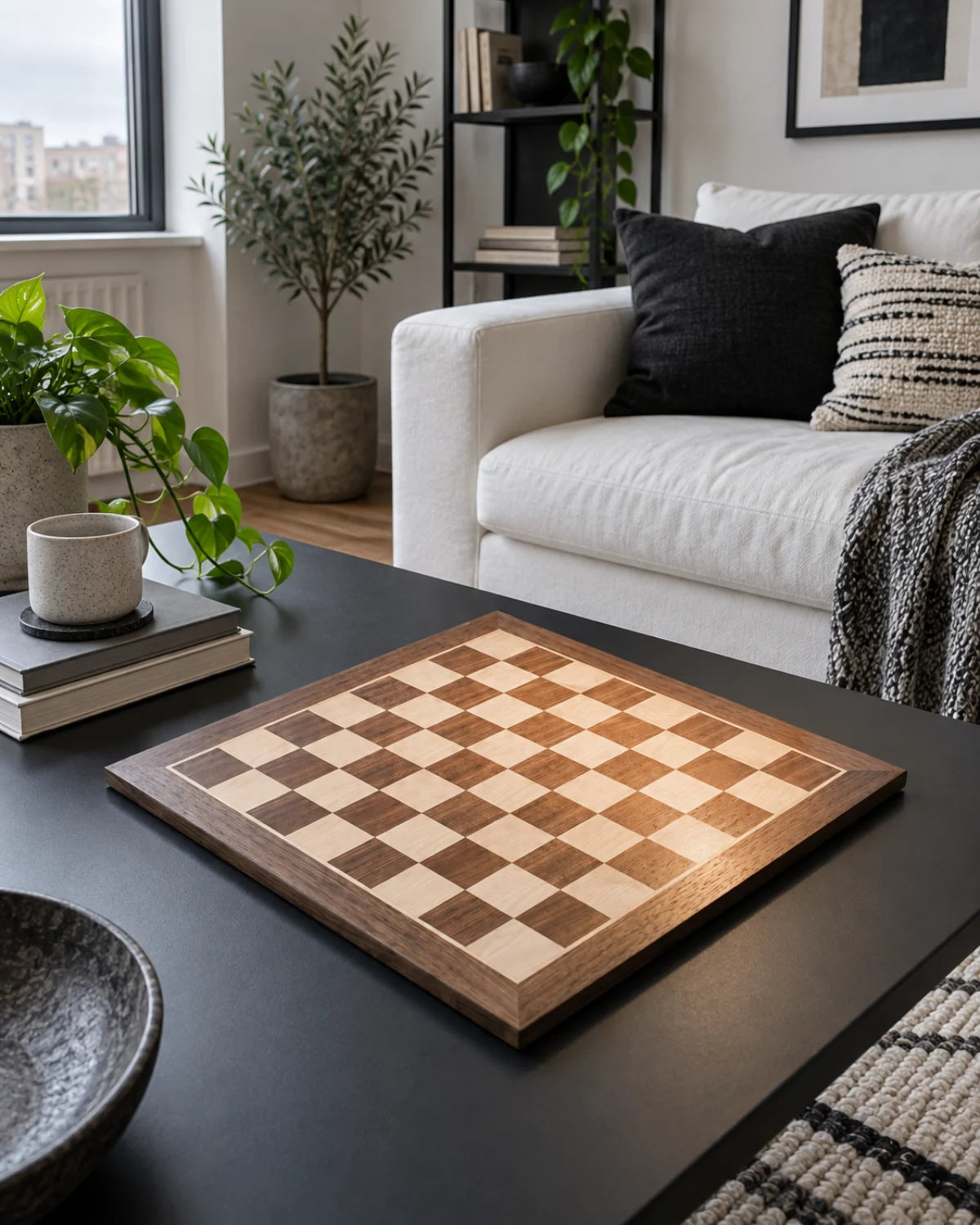 Échiquier n°4 Noyer & Érable dans un salon chaleureux — mise en scène décorative