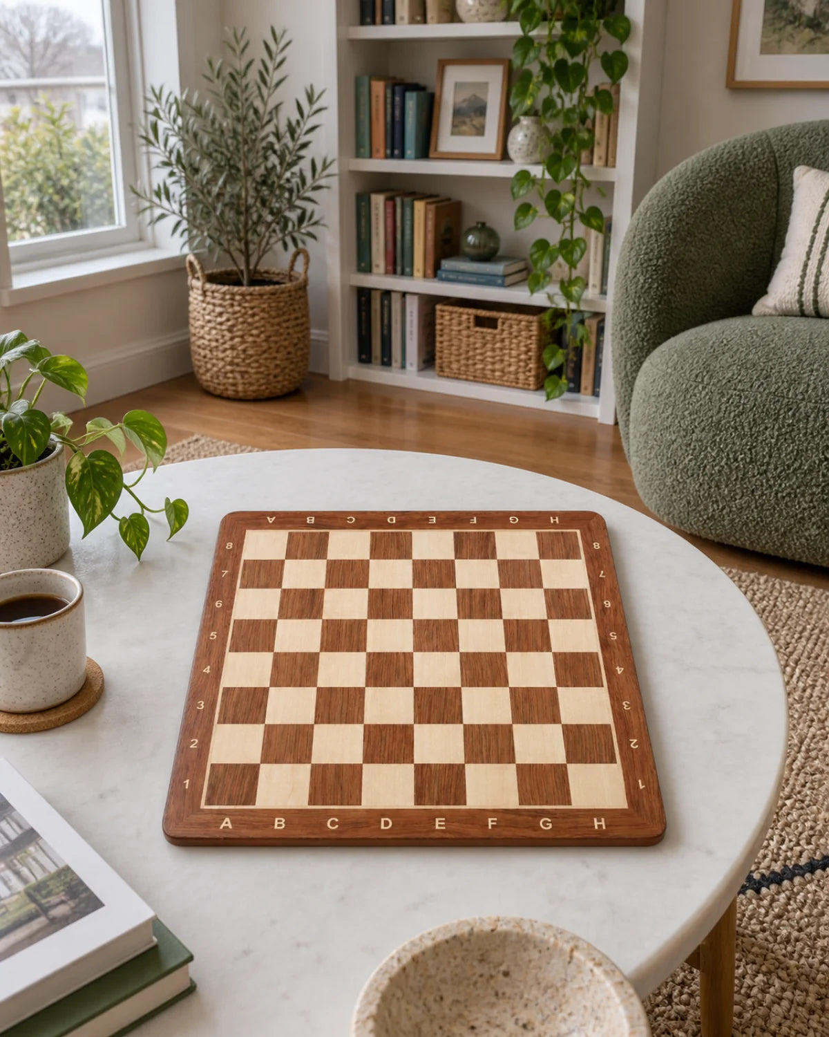 Échiquier n°5 Padouk & Érable — 48 cm dans un salon chaleureux — mise en scène décorative