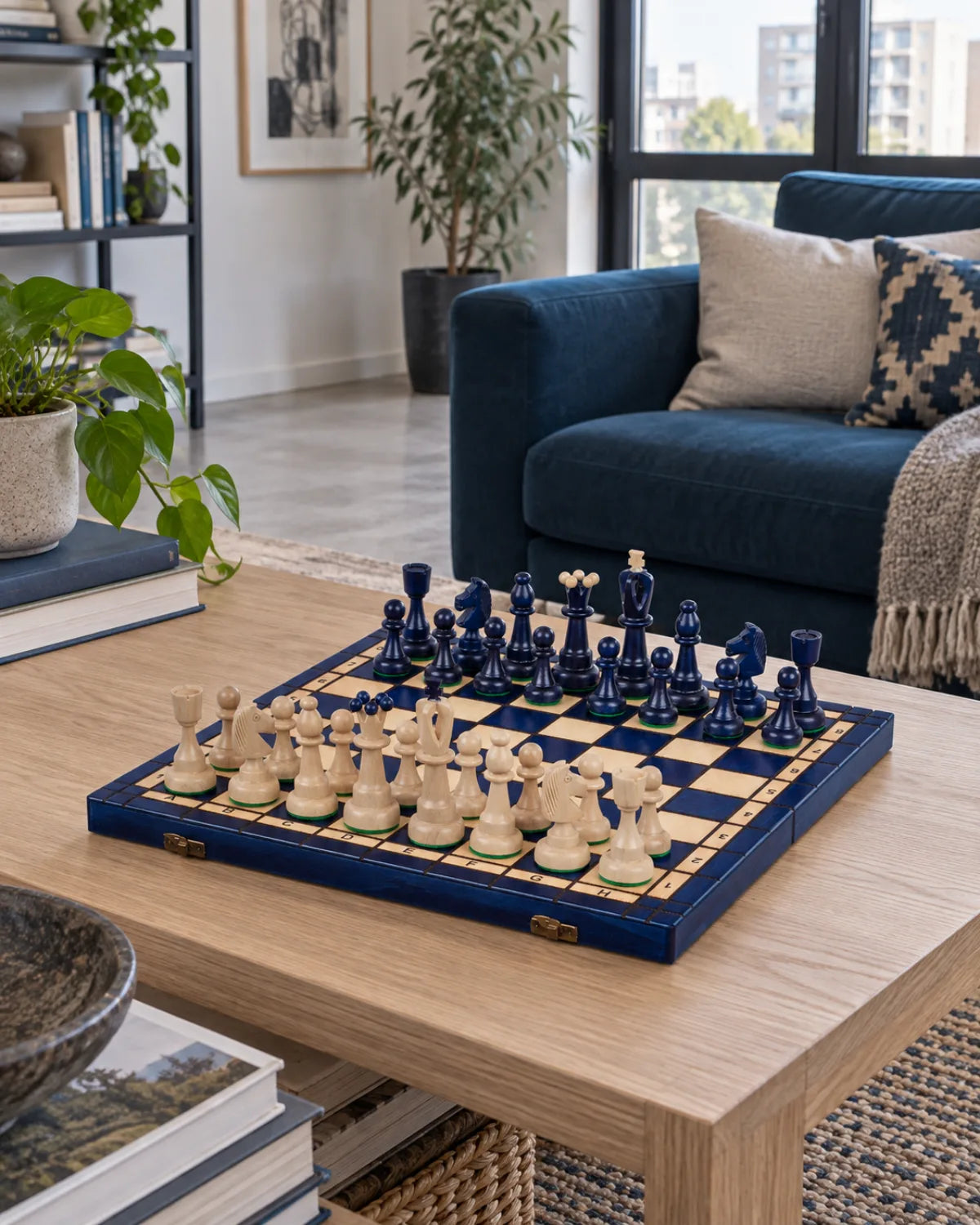 Jeu d’échecs ACE bois avec rangement dans un salon chaleureux — mise en scène décorative
