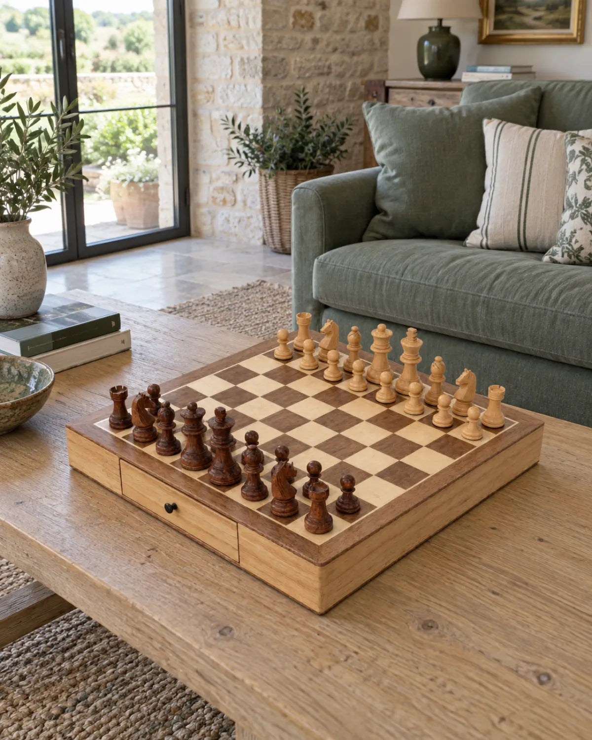 Jeu d’échecs aux teintes naturelles dans un salon chaleureux — mise en scène décorative
