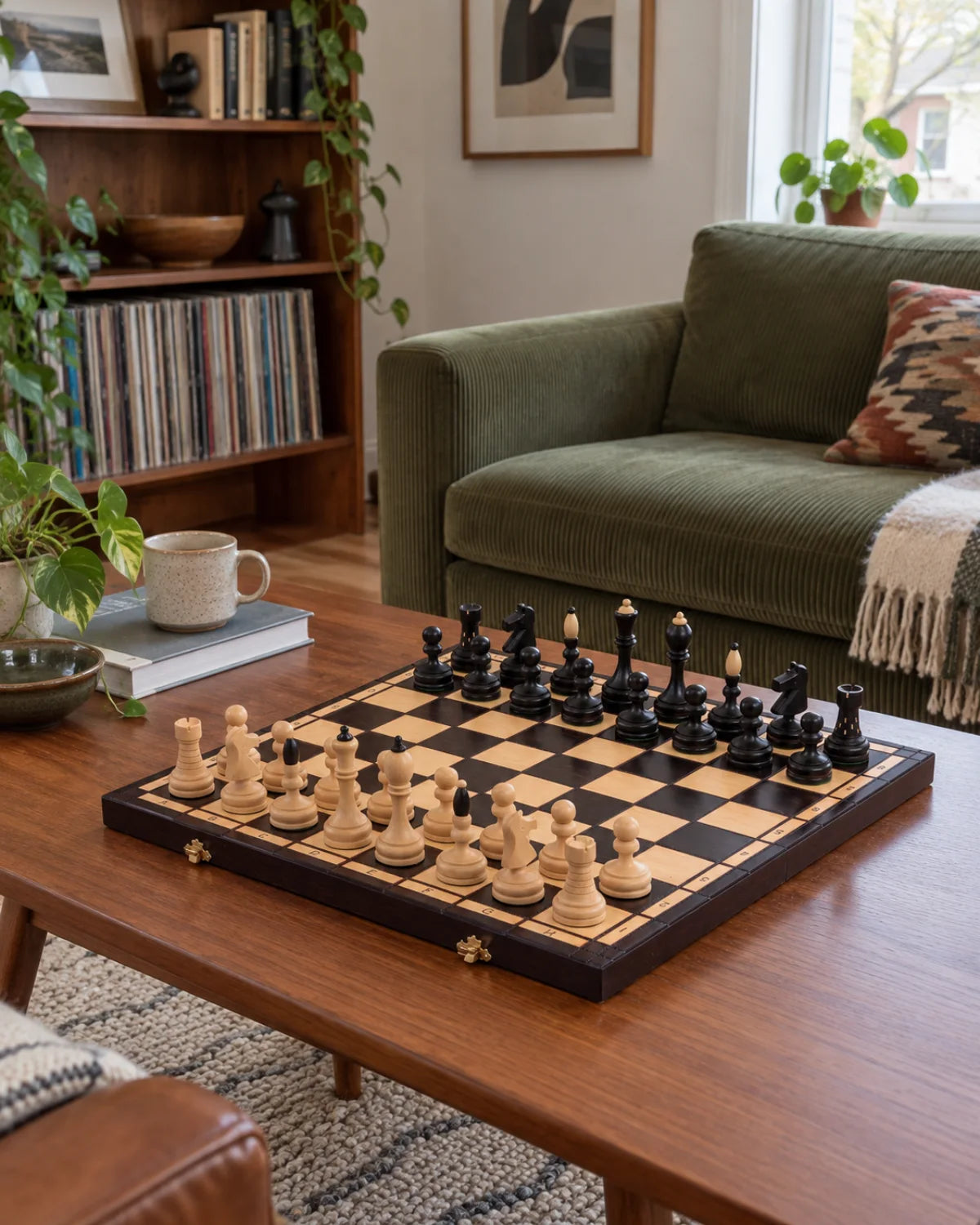 Jeu d’échecs Classic bois dans un salon chaleureux — mise en scène décorative