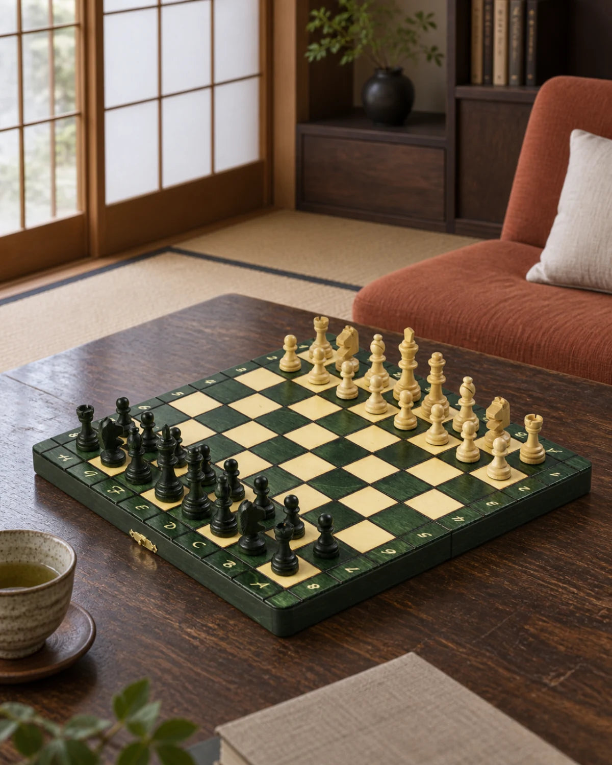 Jeu d’échecs Magnetic bois dans un salon chaleureux — mise en scène décorative