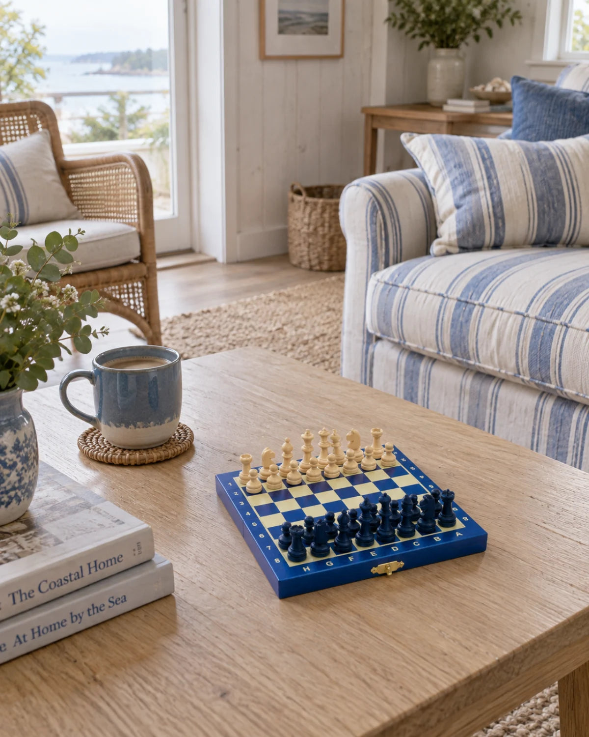 Jeu d’échecs magnétique mini 20 cm bleu dans un salon chaleureux — mise en scène décorative