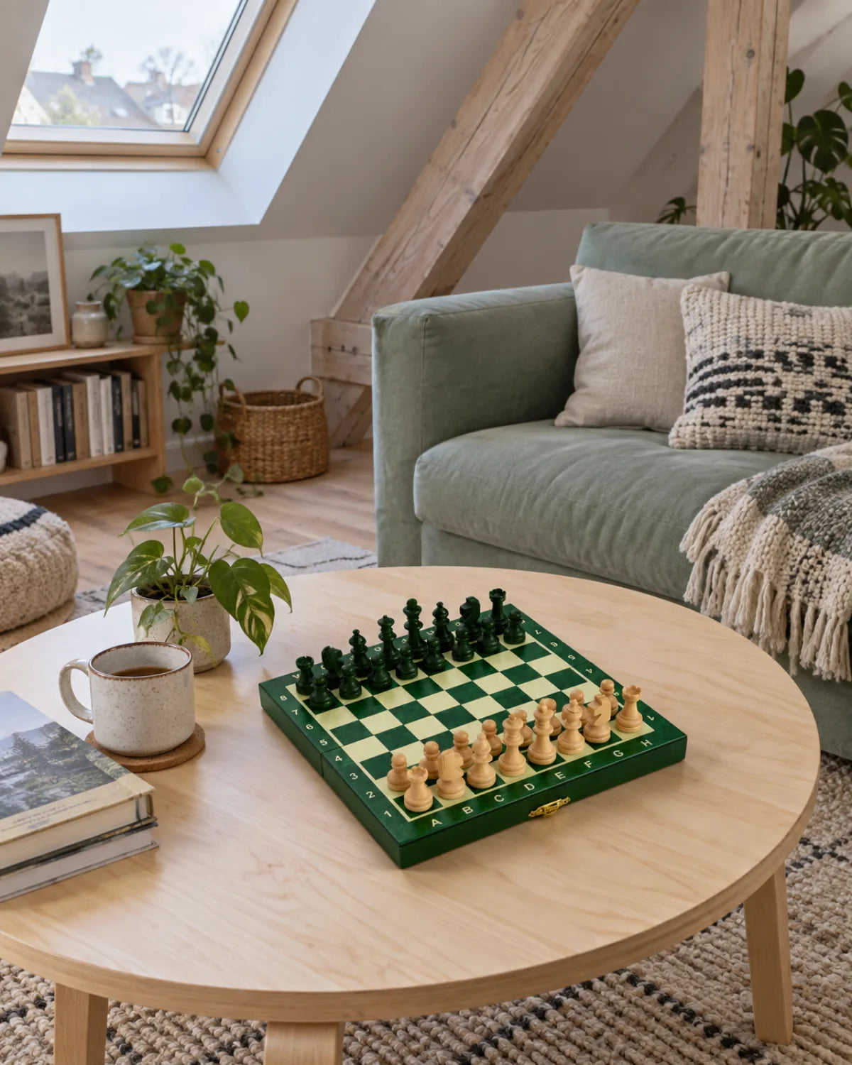 Jeu d’échecs magnétique mini 20 cm vert dans un salon chaleureux — mise en scène décorative
