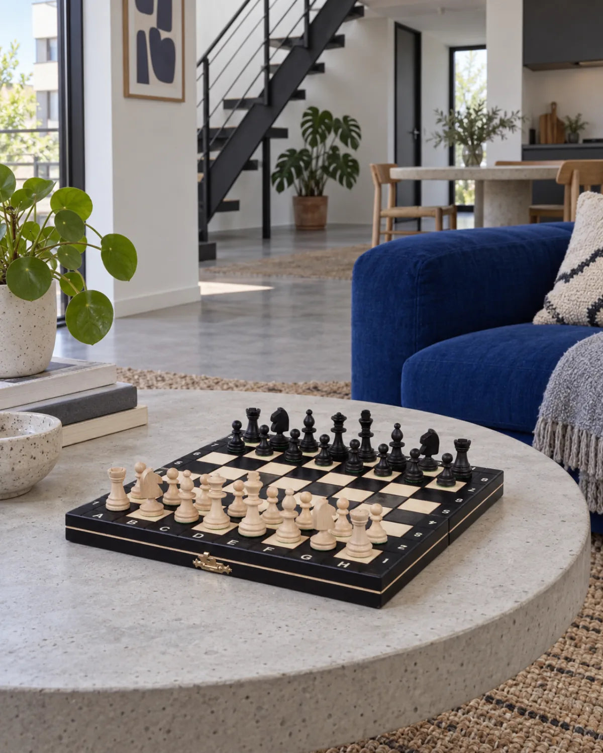 Jeu d’échecs magnétique noir 27 cm dans un salon chaleureux — mise en scène décorative