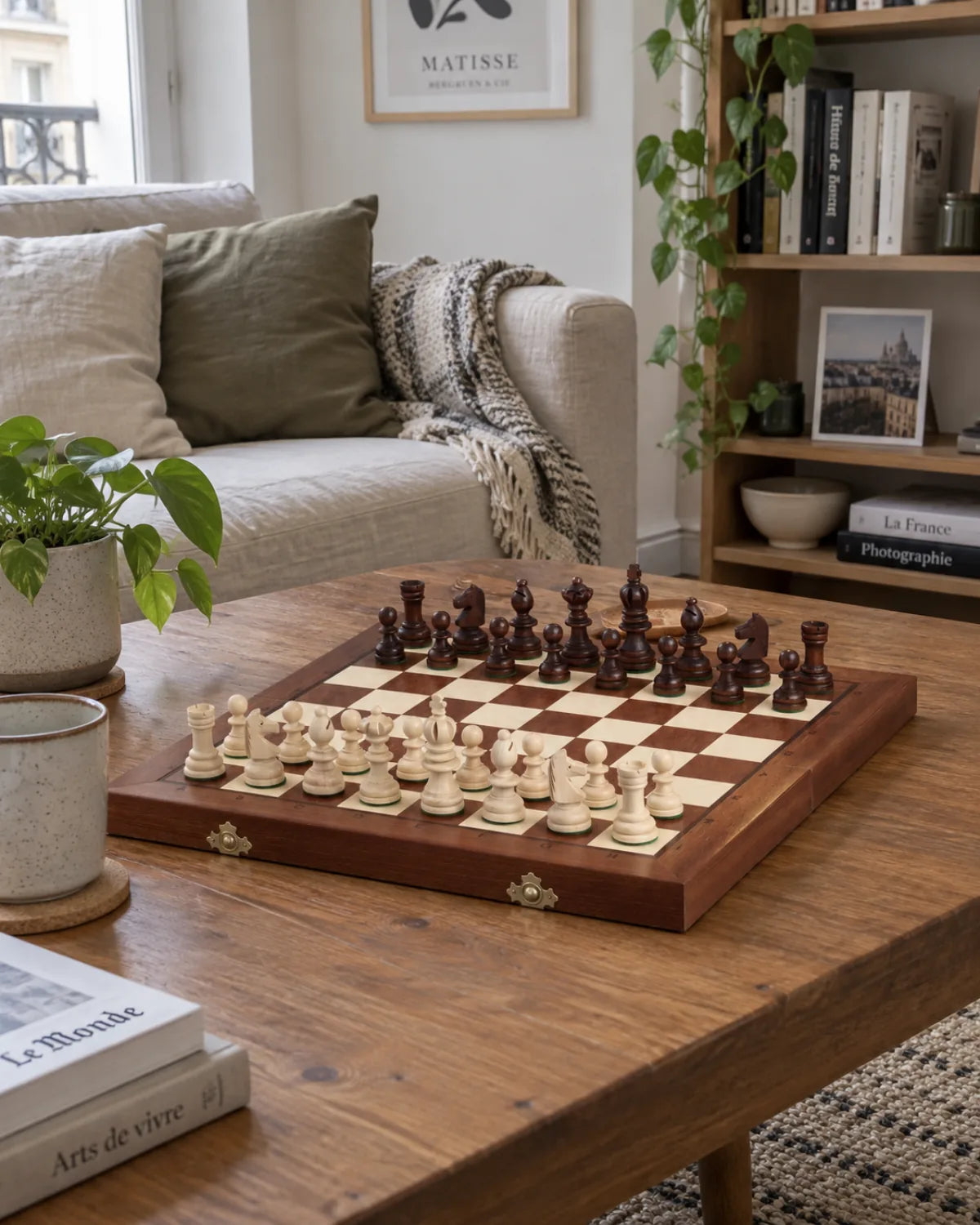 Jeu d’échecs Olympic petit modèle dans un salon chaleureux — mise en scène décorative