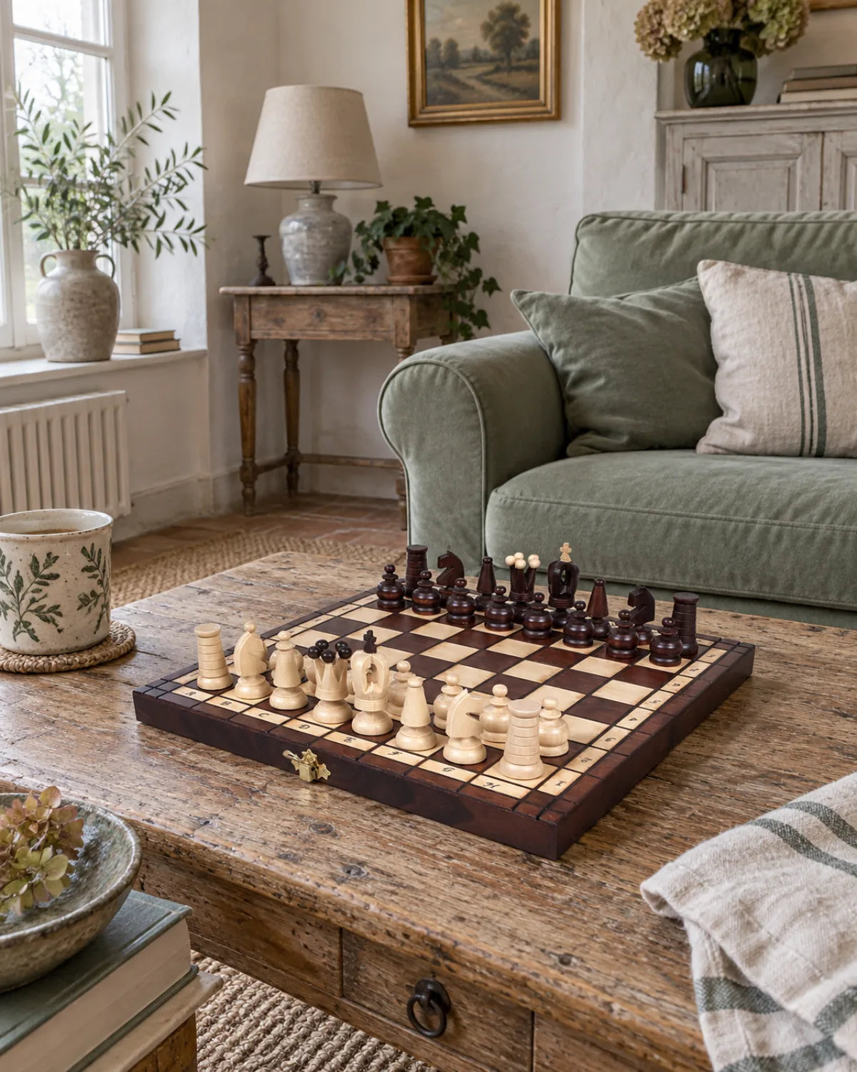 Jeu d’échecs Royal Maxi pyrogravé dans un salon chaleureux — mise en scène décorative