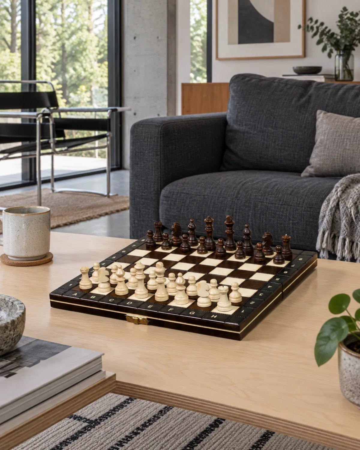 Jeu d’échecs scolaire magnétique dans un salon chaleureux — mise en scène décorative