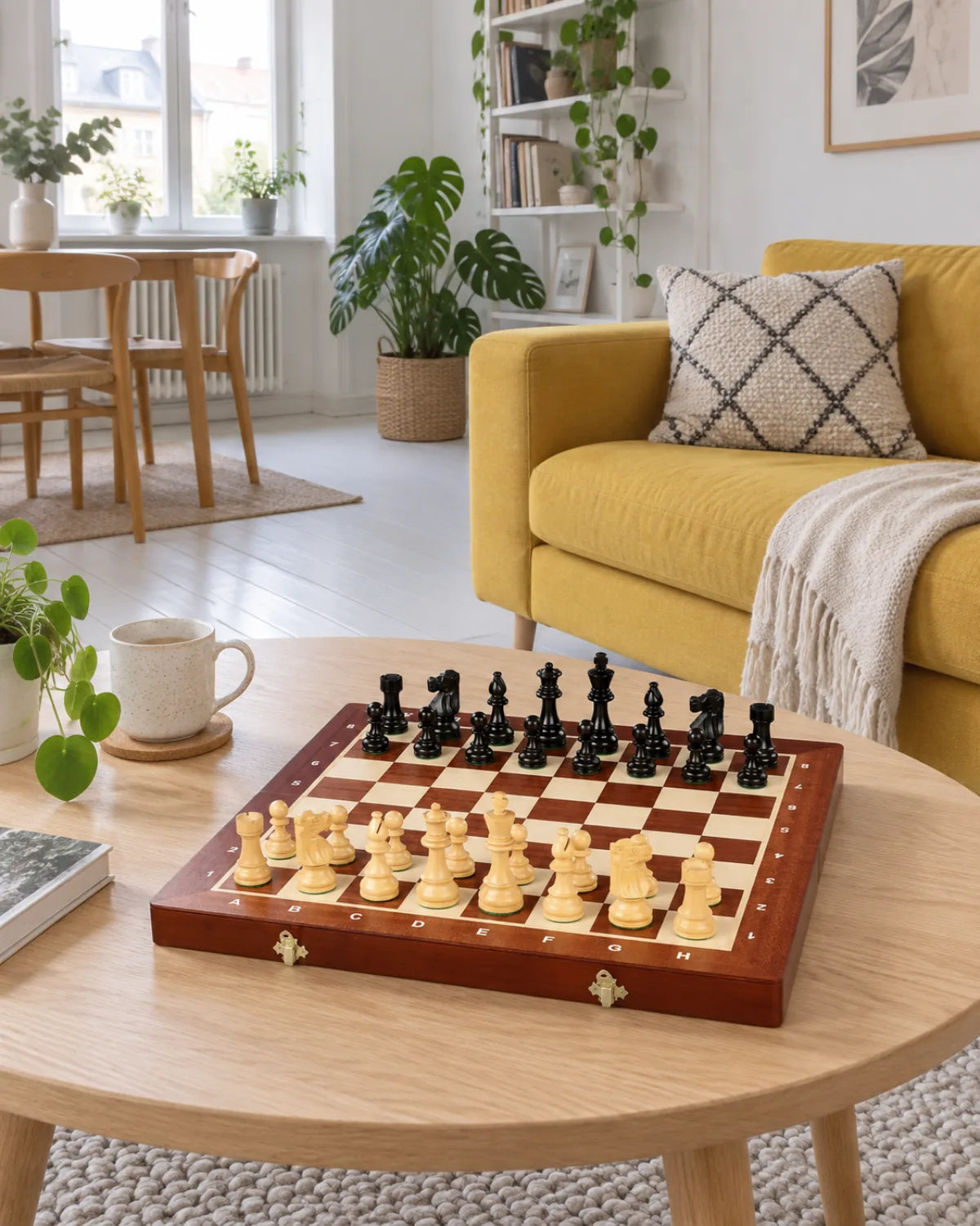 Jeu d’échecs Tournament n°4 French dans un salon chaleureux — mise en scène décorative