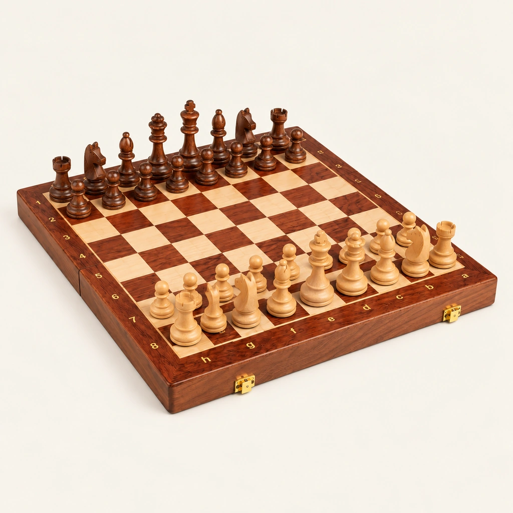 L’Essentiel Chess Set — 39 cm Folding Board, Wooden Staunton Pieces