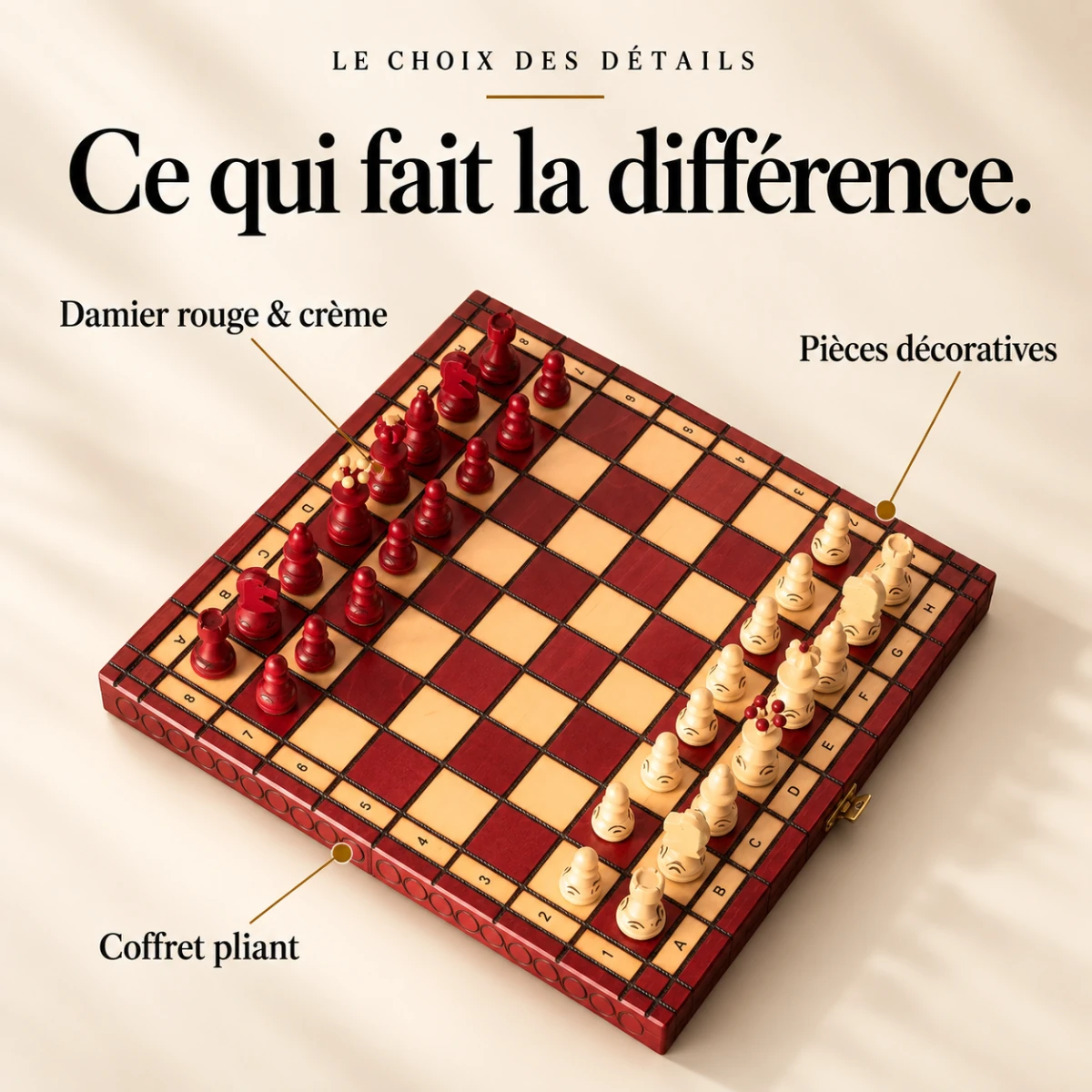 What makes the difference: Red & cream board, Decorative pieces, Folding case.