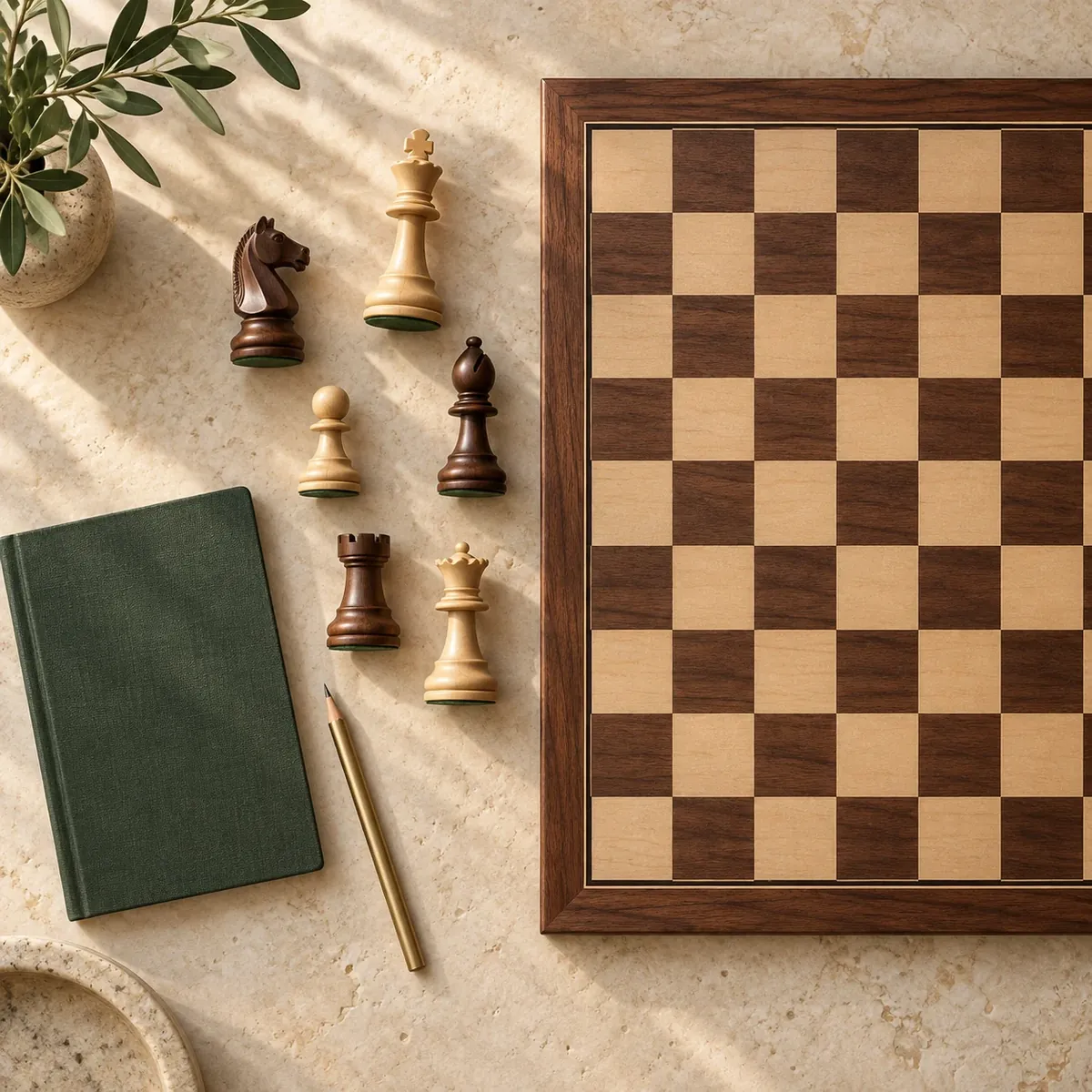 Plateau, pièces et carnet pour choisir son jeu d’échecs