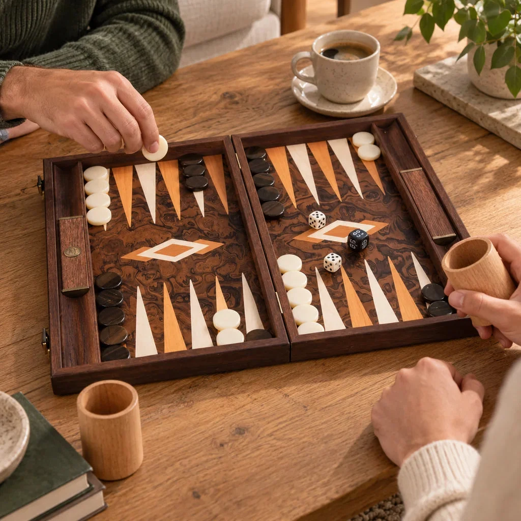 Backgammon Manopoulos BUU1 z kalifornského orechového koreňa — rozohraná partia