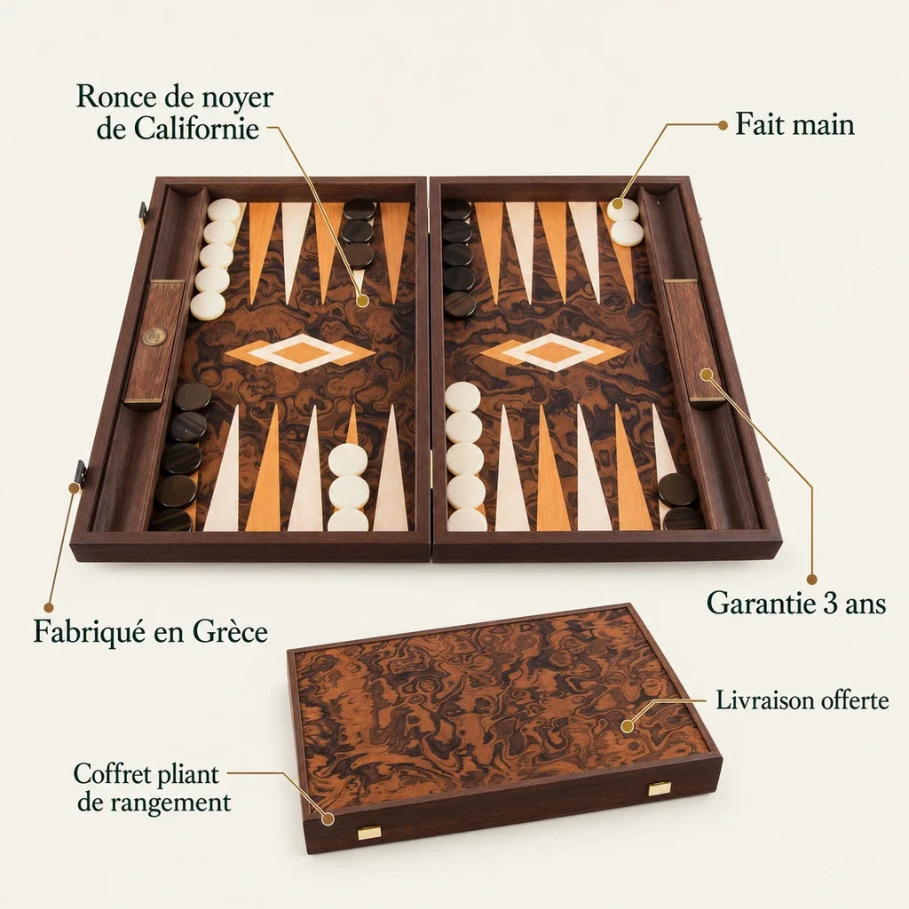 Backgammon Manopoulos BUU1 z kalifornského orechového koreňa — kľúčové vlastnosti