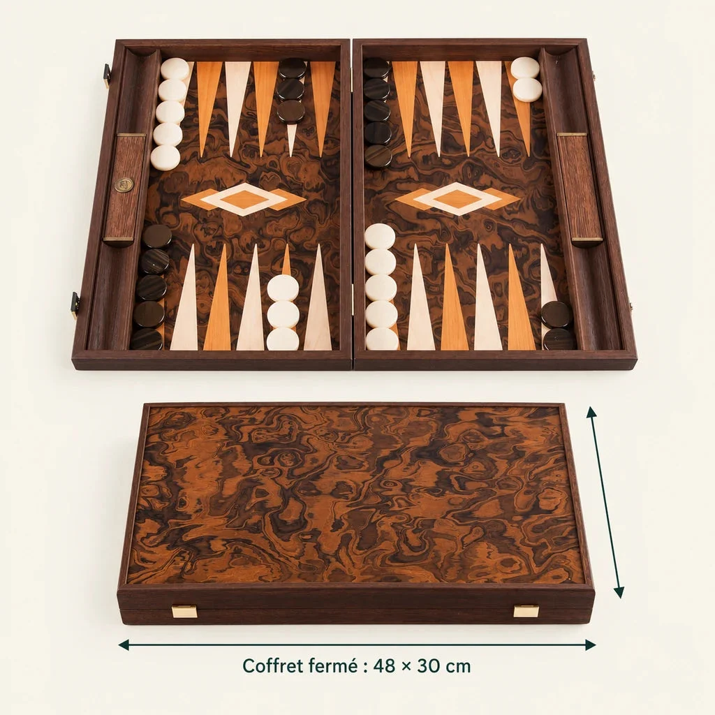 Backgammon Manopoulos BUU1 z kalifornského orechového koreňa — rozmery