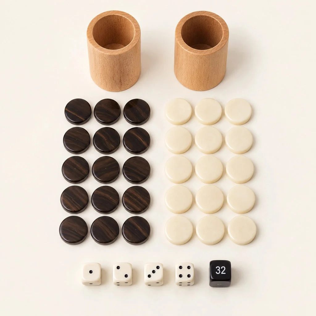 Backgammon Manopoulos BUU1 z kalifornského orechového koreňa — žetóny, kocky a poháriky