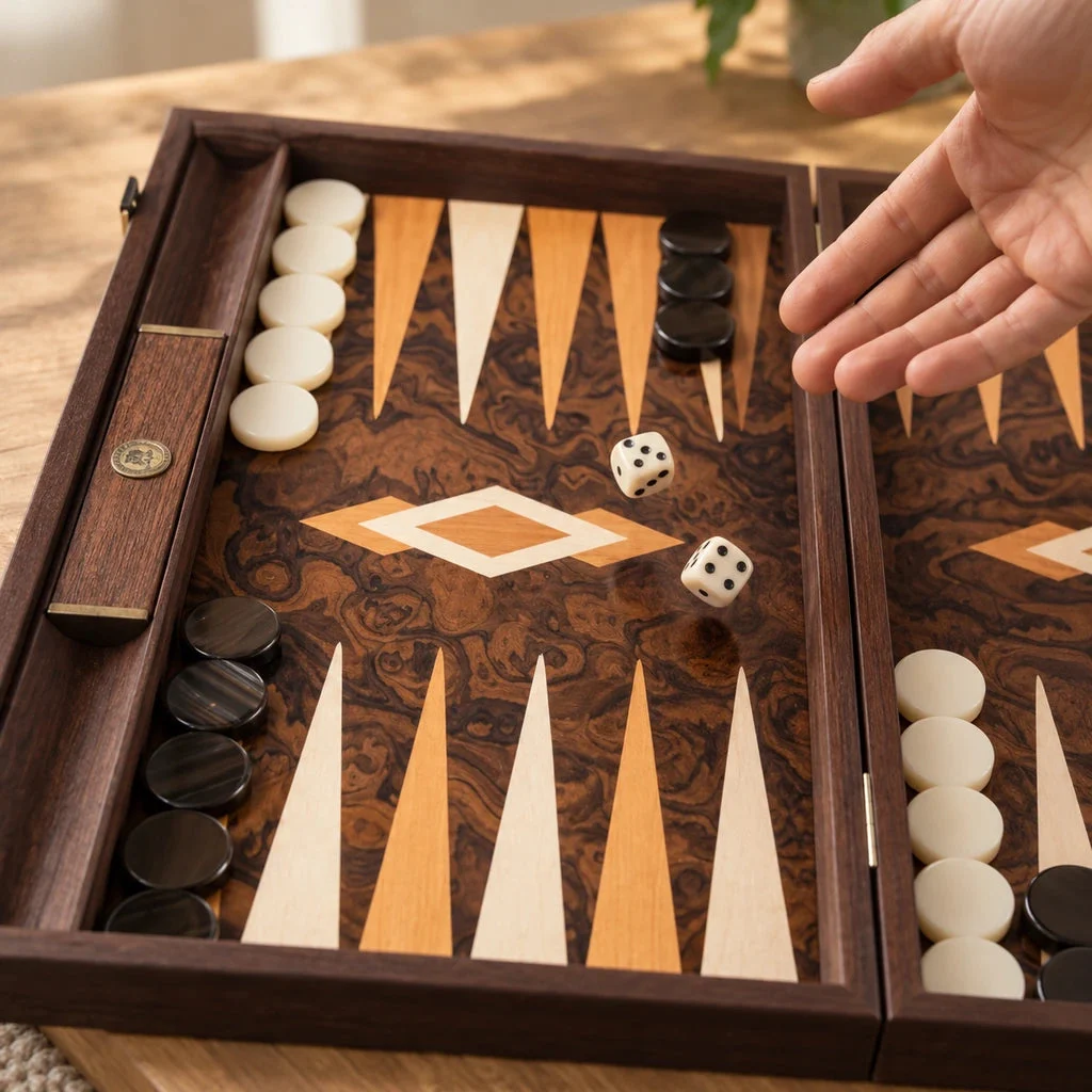 Backgammon Manopoulos BUU1 z kalifornského orechového koreňa — hod kockami