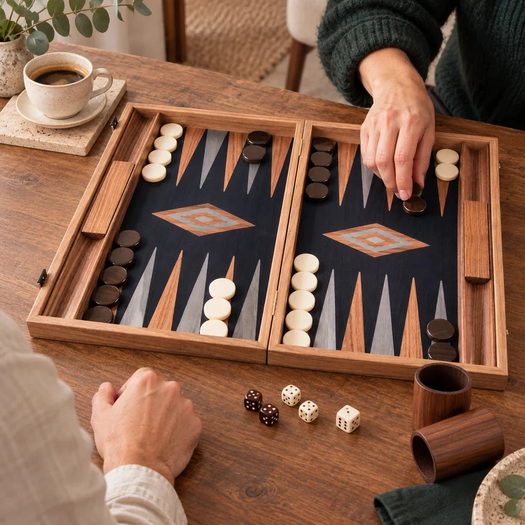 Backgammon Manopoulos BKB1 z orecha a čierneho duba — rozohraná partia